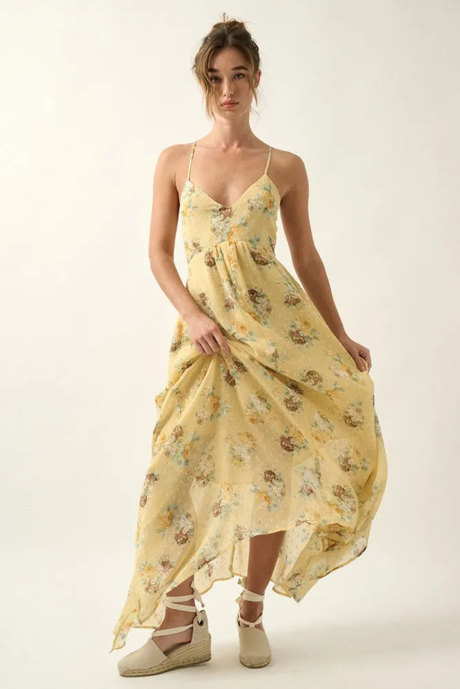 Sunshine Floral Swiss Dot Chiffon Handkerchief Maxi Dress sold by Pinkblush