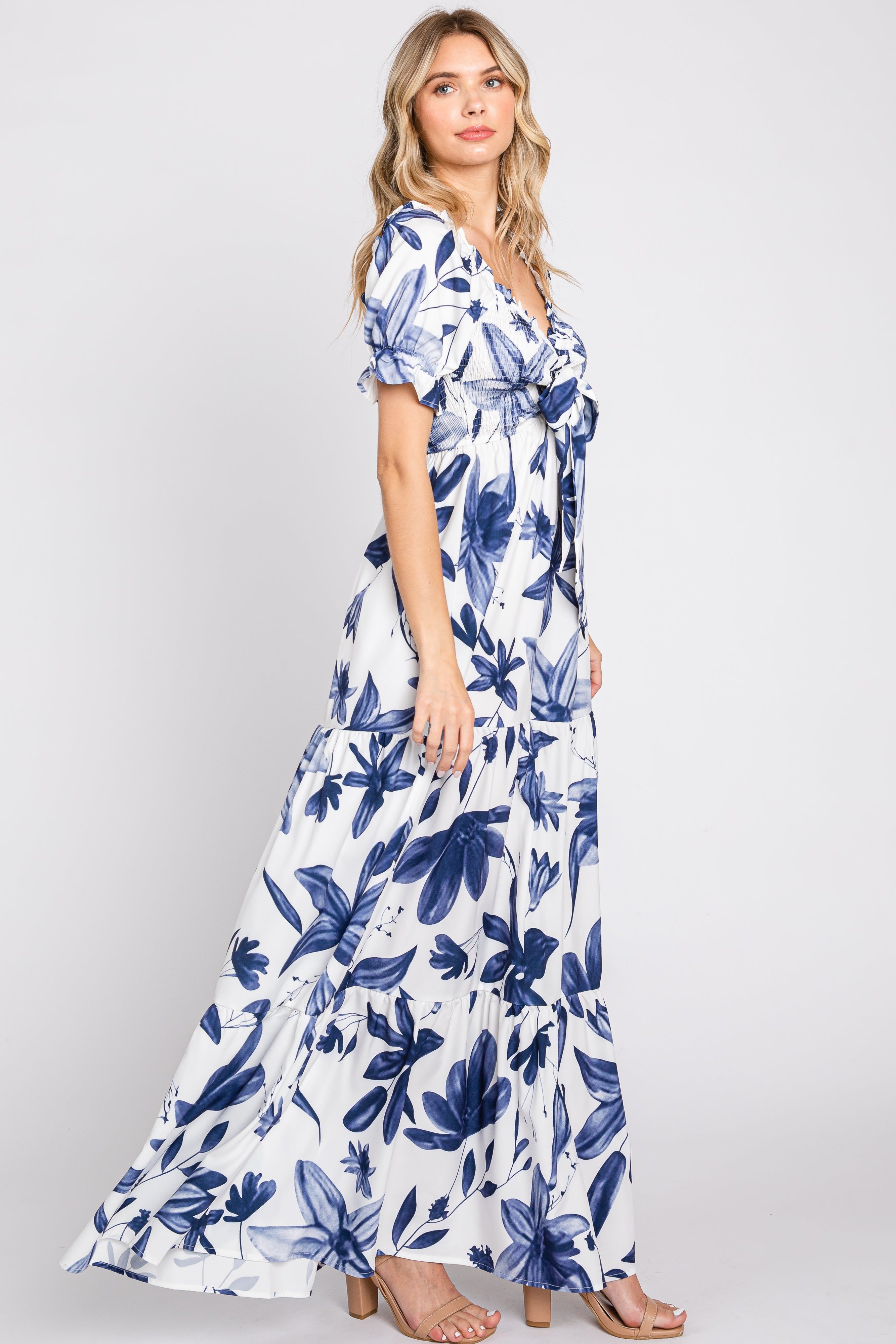 Ivory Floral Smocked Front Tie Short Puff Sleeve Maxi Dress sold by Pinkblush product image thumbnail 2