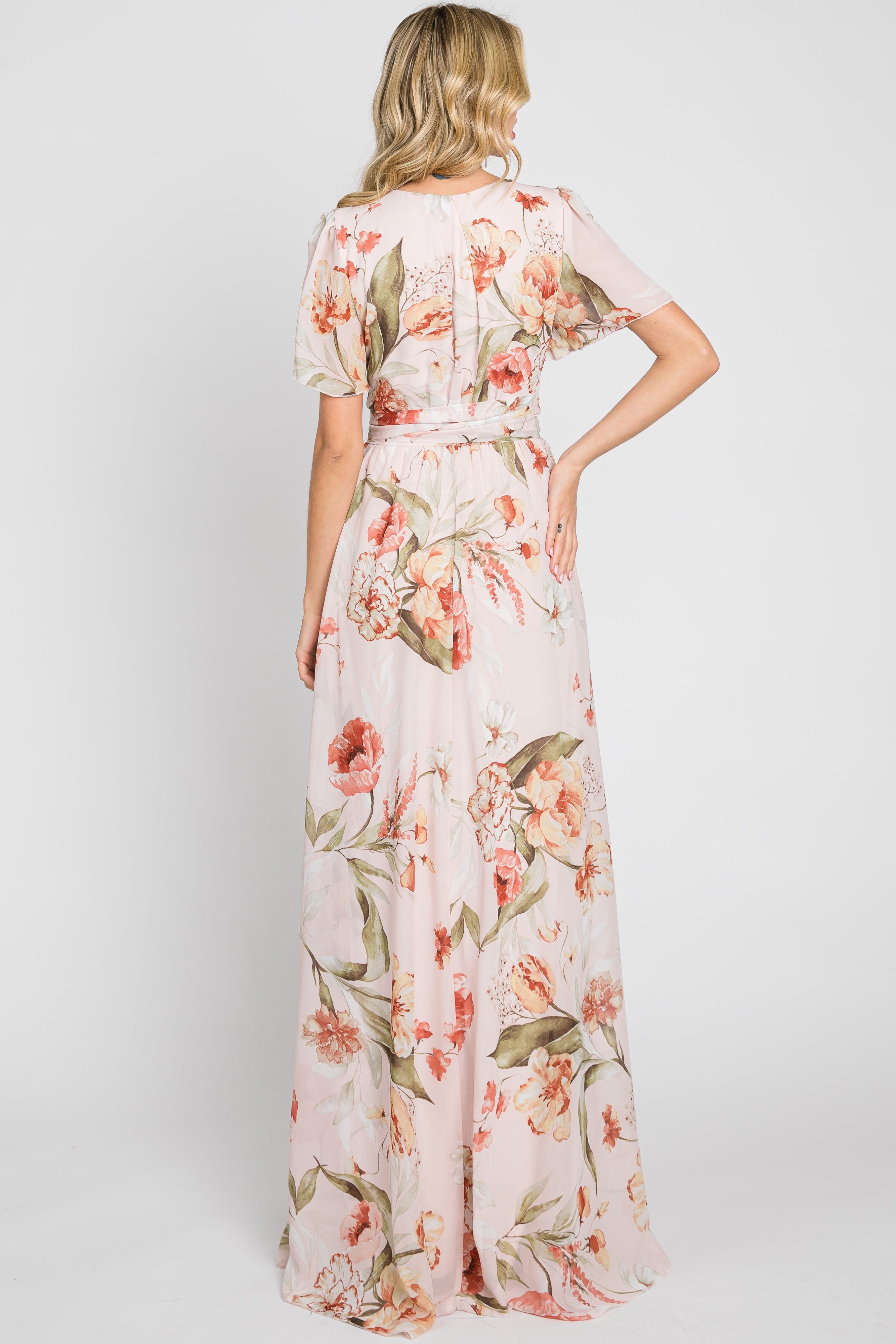 Pink Floral Chiffon Wrap Front Short Sleeve Maxi Dress sold by Pinkblush product image thumbnail 3