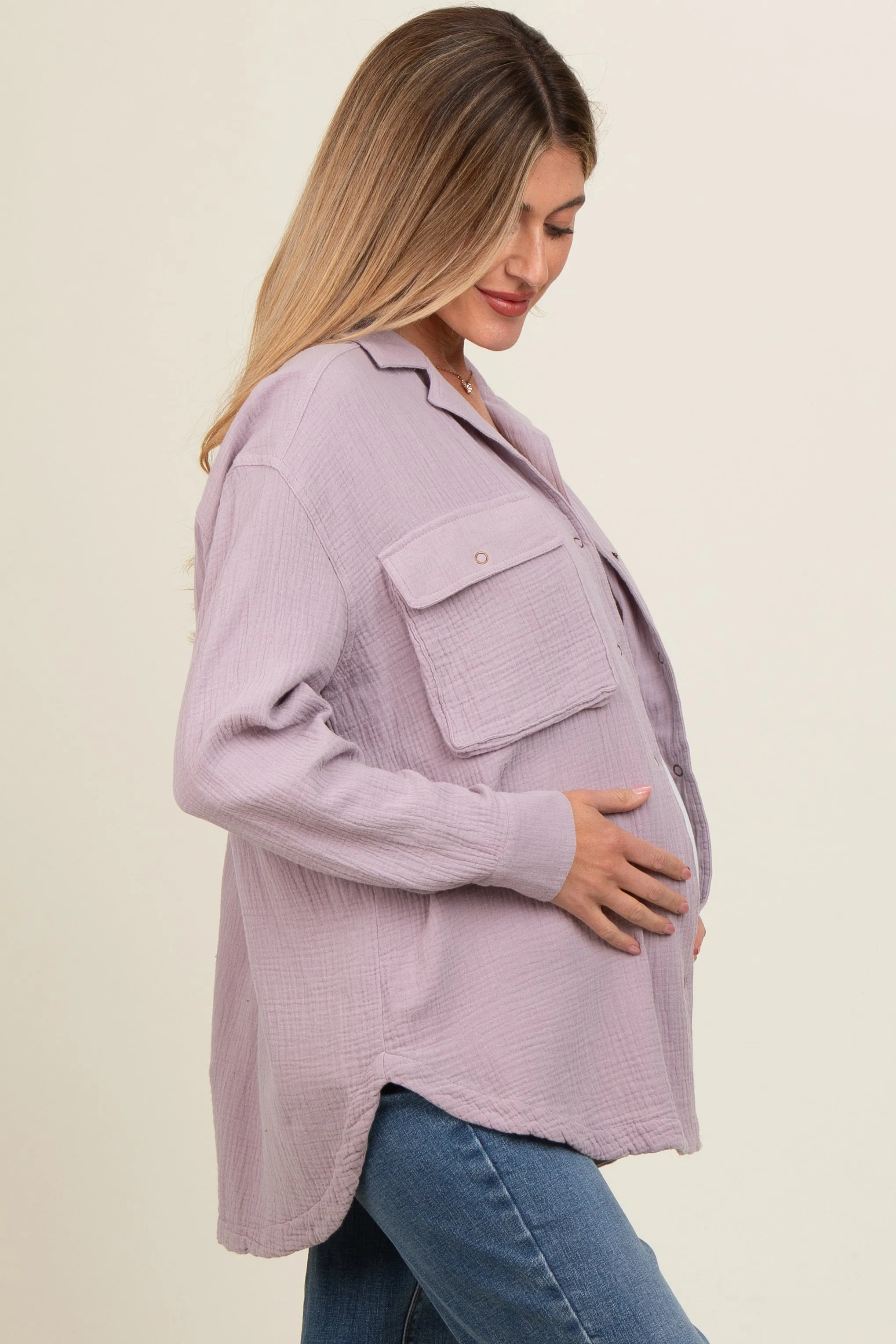 Lavender Cotton Gauze Button Down Maternity Shirt sold by Pinkblush product image thumbnail 3