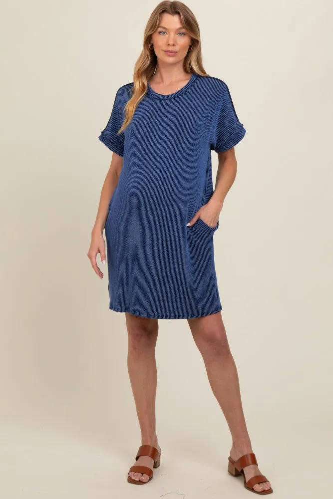 Navy Ribbed Rolled Cuff Maternity Dress sold by Pinkblush