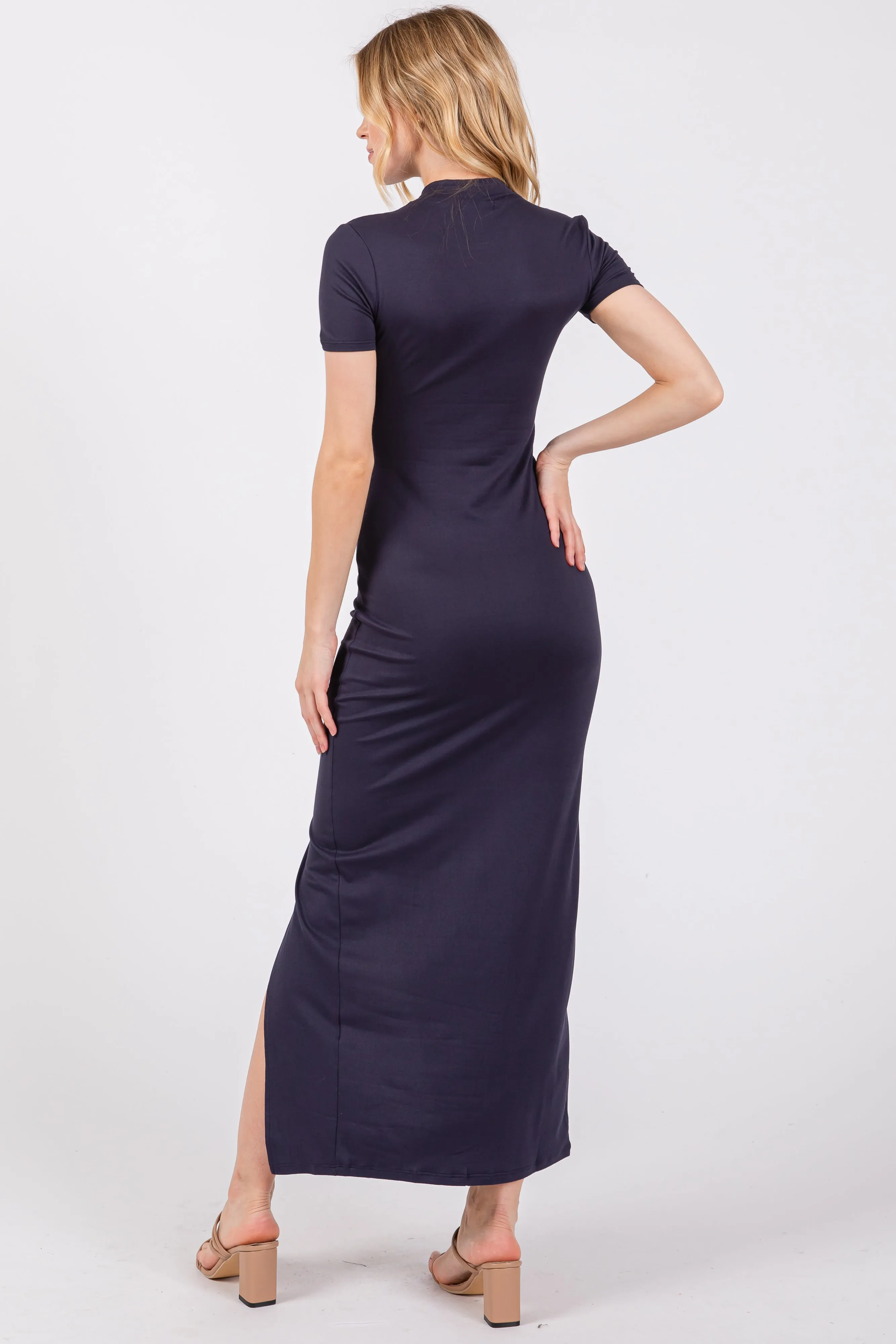 Navy Mock Neck Front Slit Short Sleeve Maxi Dress sold by Pinkblush product image thumbnail 3