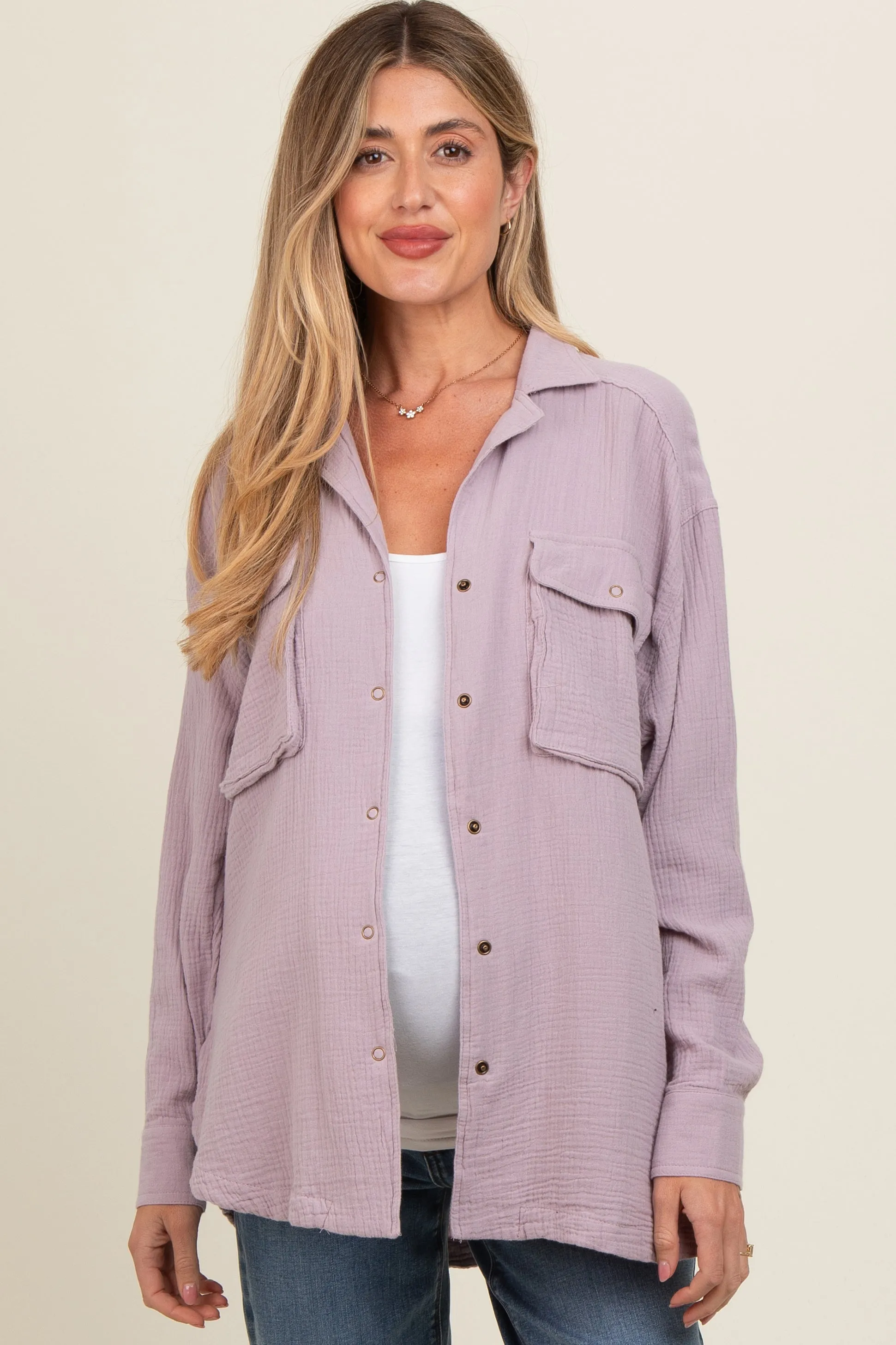 Lavender Cotton Gauze Button Down Maternity Shirt sold by Pinkblush