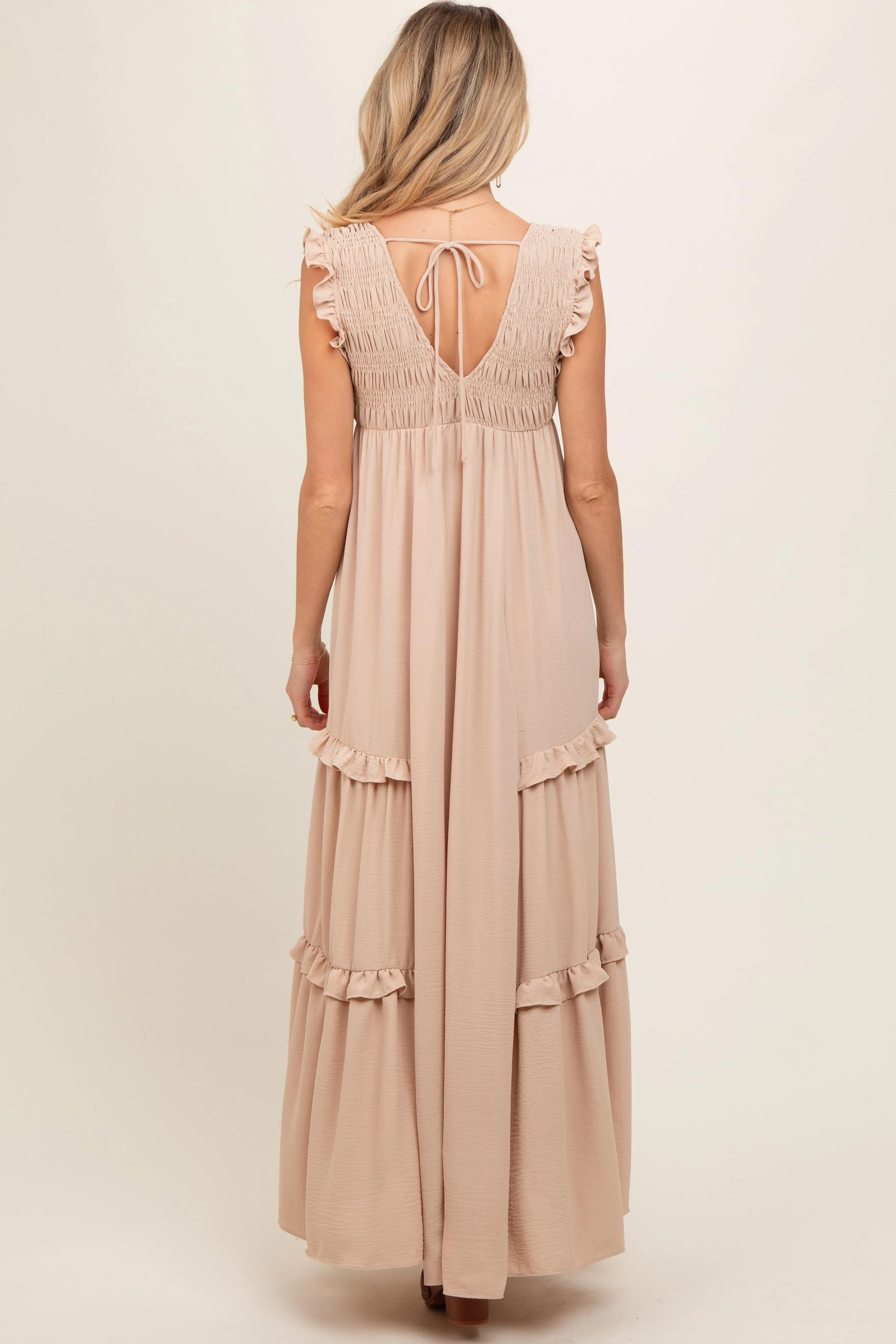 Beige Smocked Ruffle V-Neck Maternity Maxi Dress sold by Pinkblush product image thumbnail 3