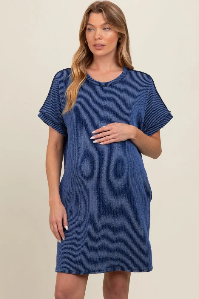 Navy Ribbed Rolled Cuff Maternity Dress sold by Pinkblush product image thumbnail 2