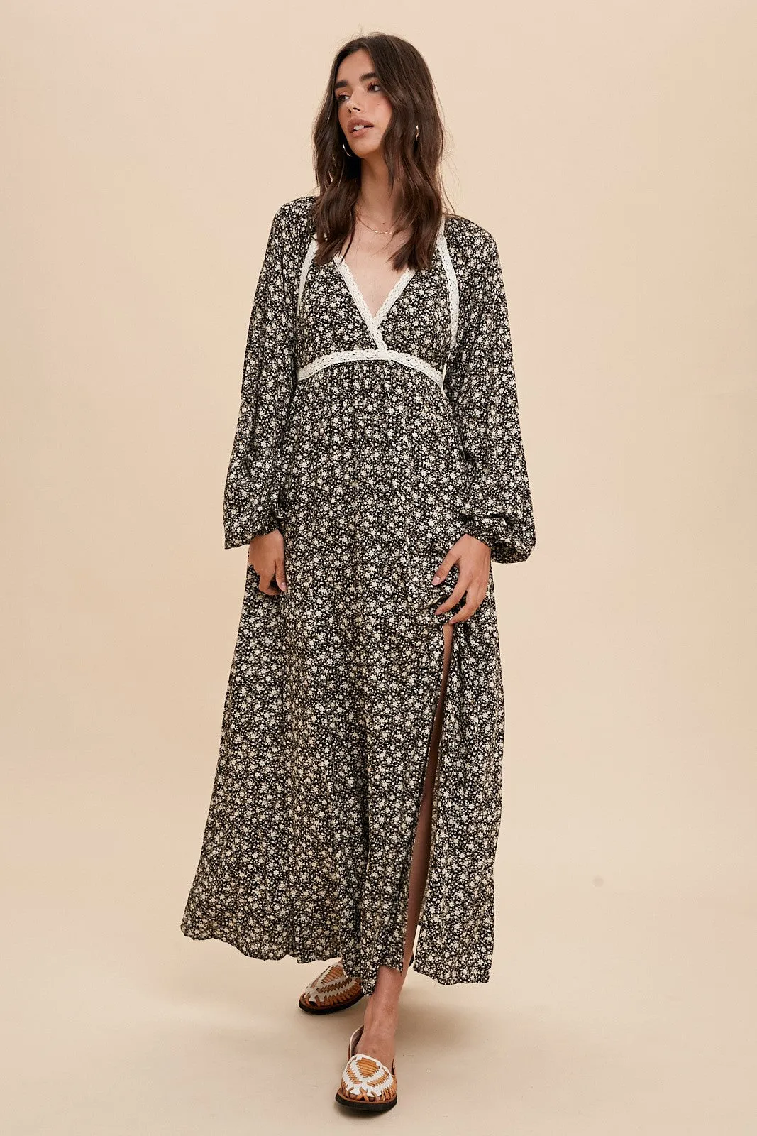 Black Floral Lace Accent Side Slit Maxi Dress sold by Pinkblush