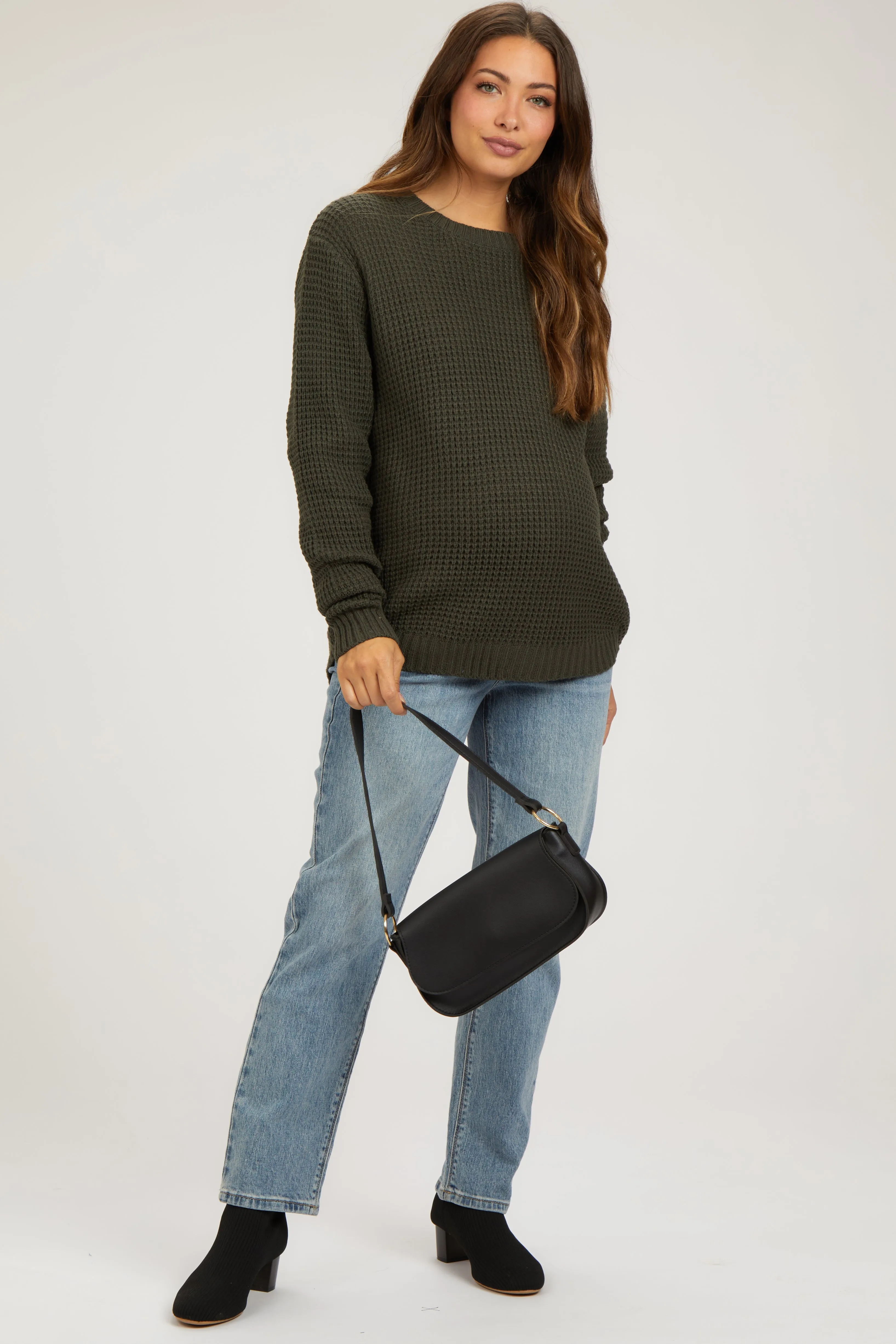 Olive Waffle Knit Round Hem Maternity Sweater sold by Pinkblush product image thumbnail 4