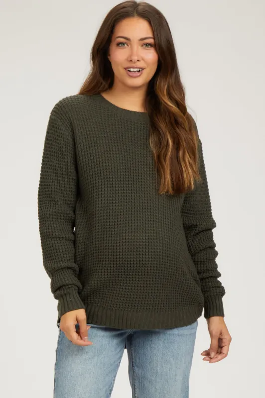 Olive Waffle Knit Round Hem Maternity Sweater sold by Pinkblush