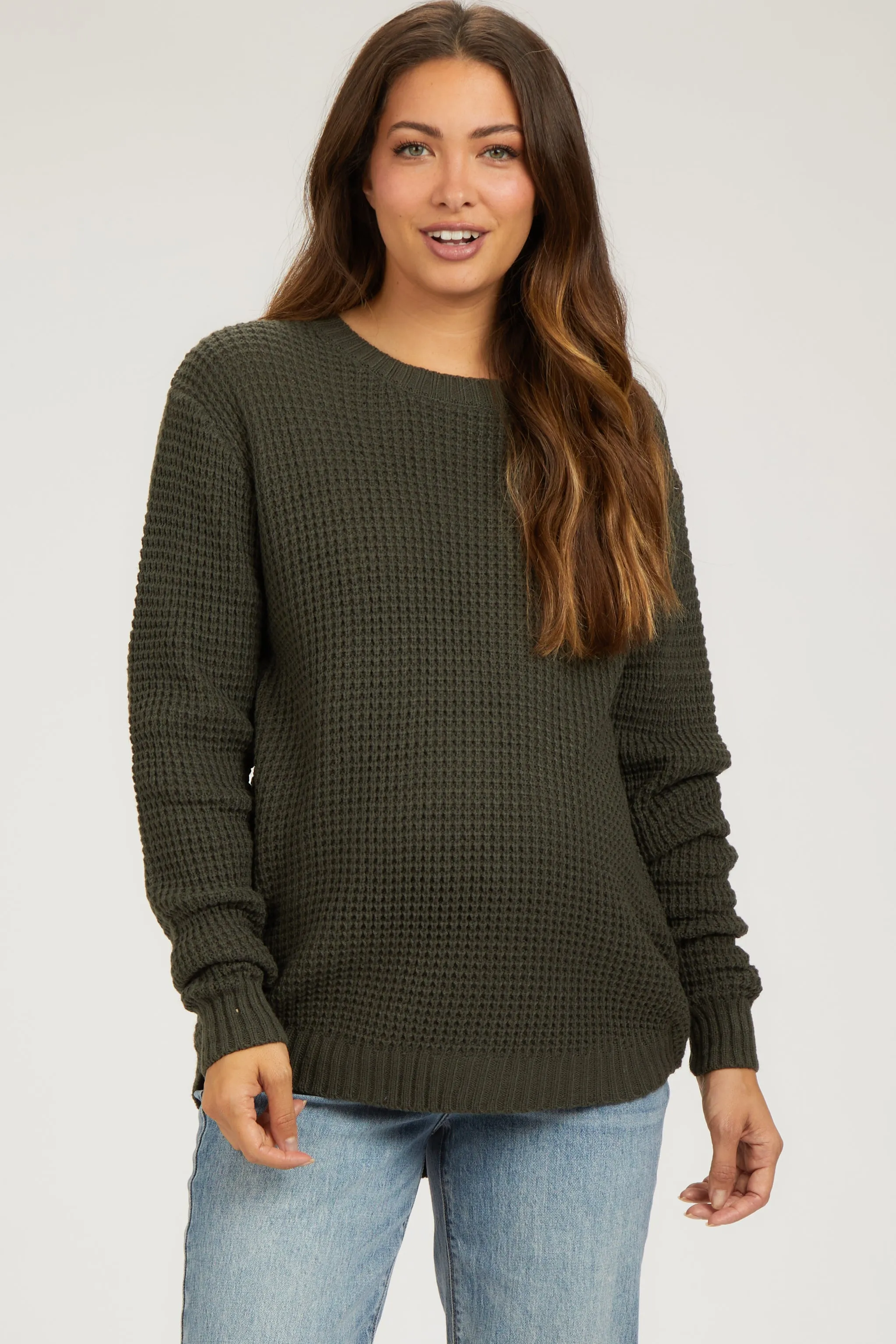 Olive Waffle Knit Round Hem Maternity Sweater sold by Pinkblush