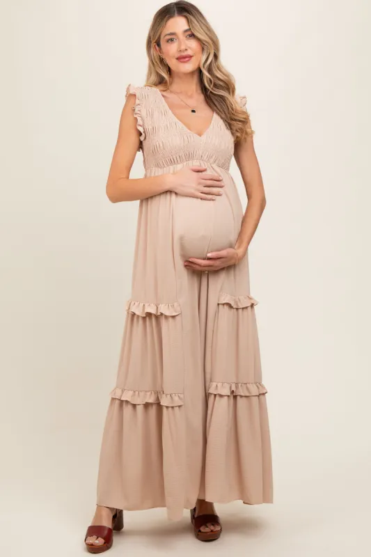 Beige Smocked Ruffle V-Neck Maternity Maxi Dress sold by Pinkblush