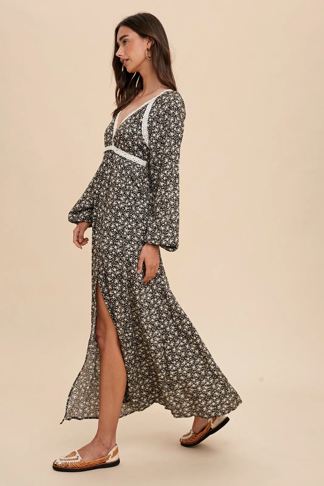 Black Floral Lace Accent Side Slit Maxi Dress sold by Pinkblush product image thumbnail 2