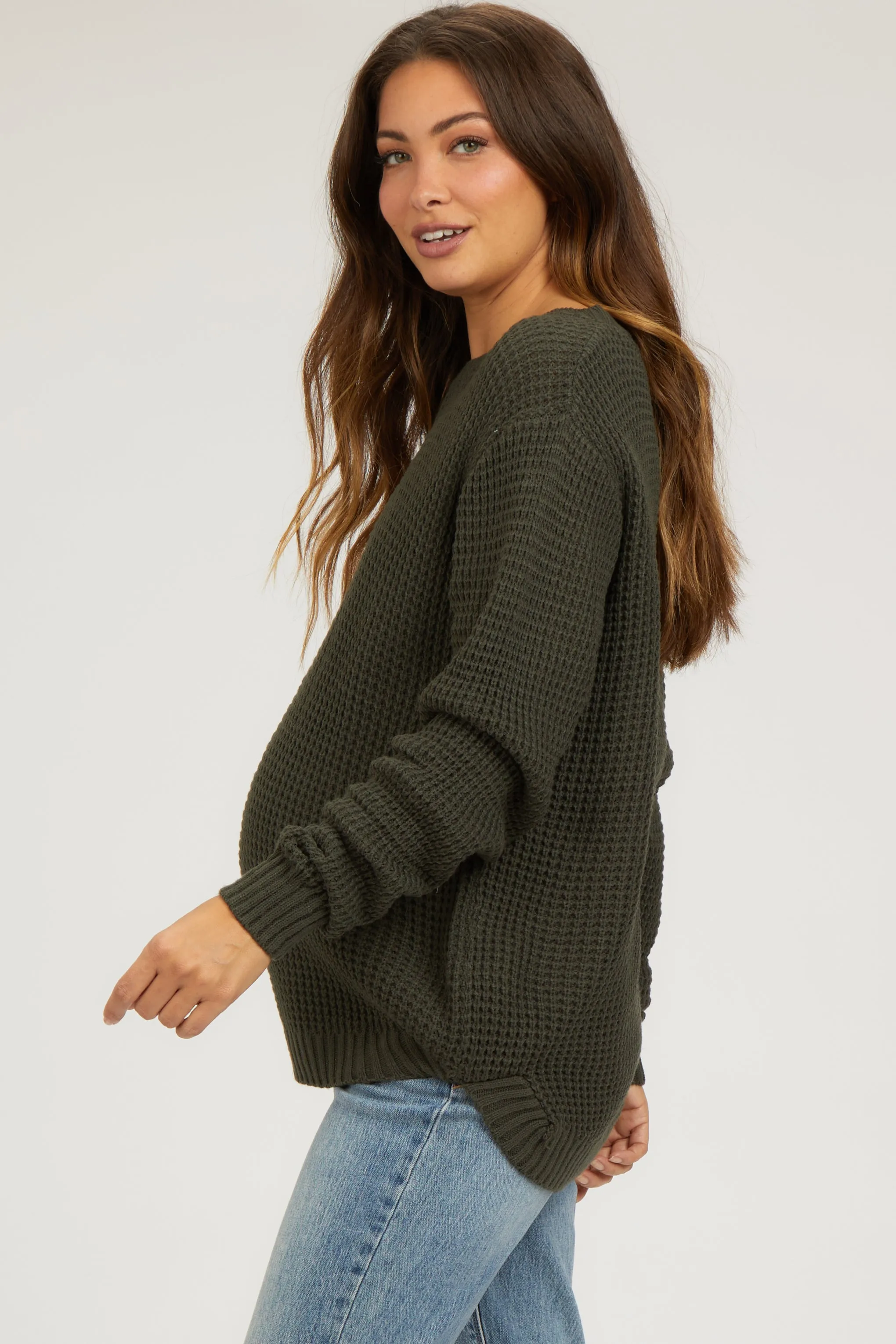 Olive Waffle Knit Round Hem Maternity Sweater sold by Pinkblush product image thumbnail 2