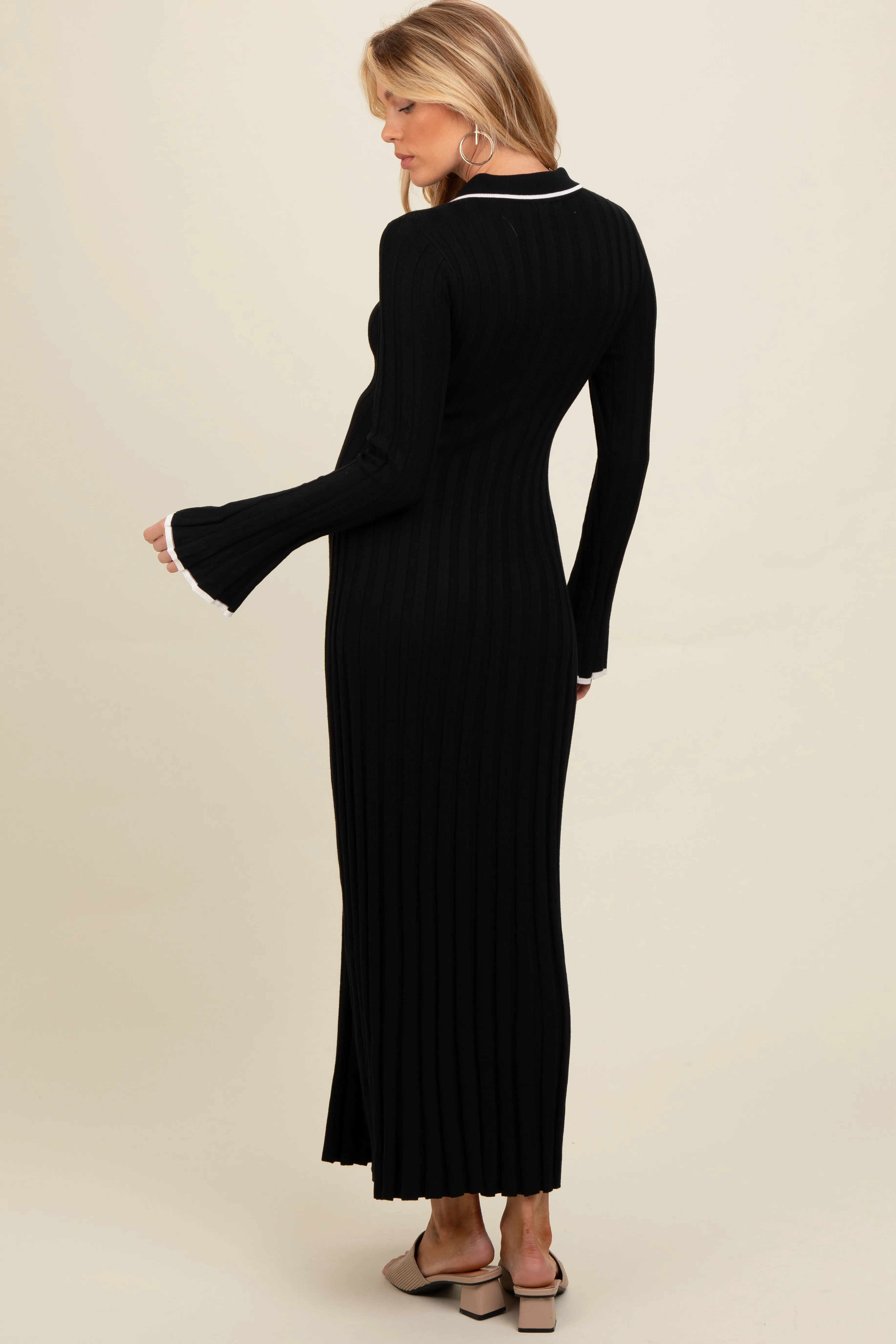 Black Ribbed Knit Collared Button Up Maternity Maxi Dress sold by Pinkblush product image thumbnail 4
