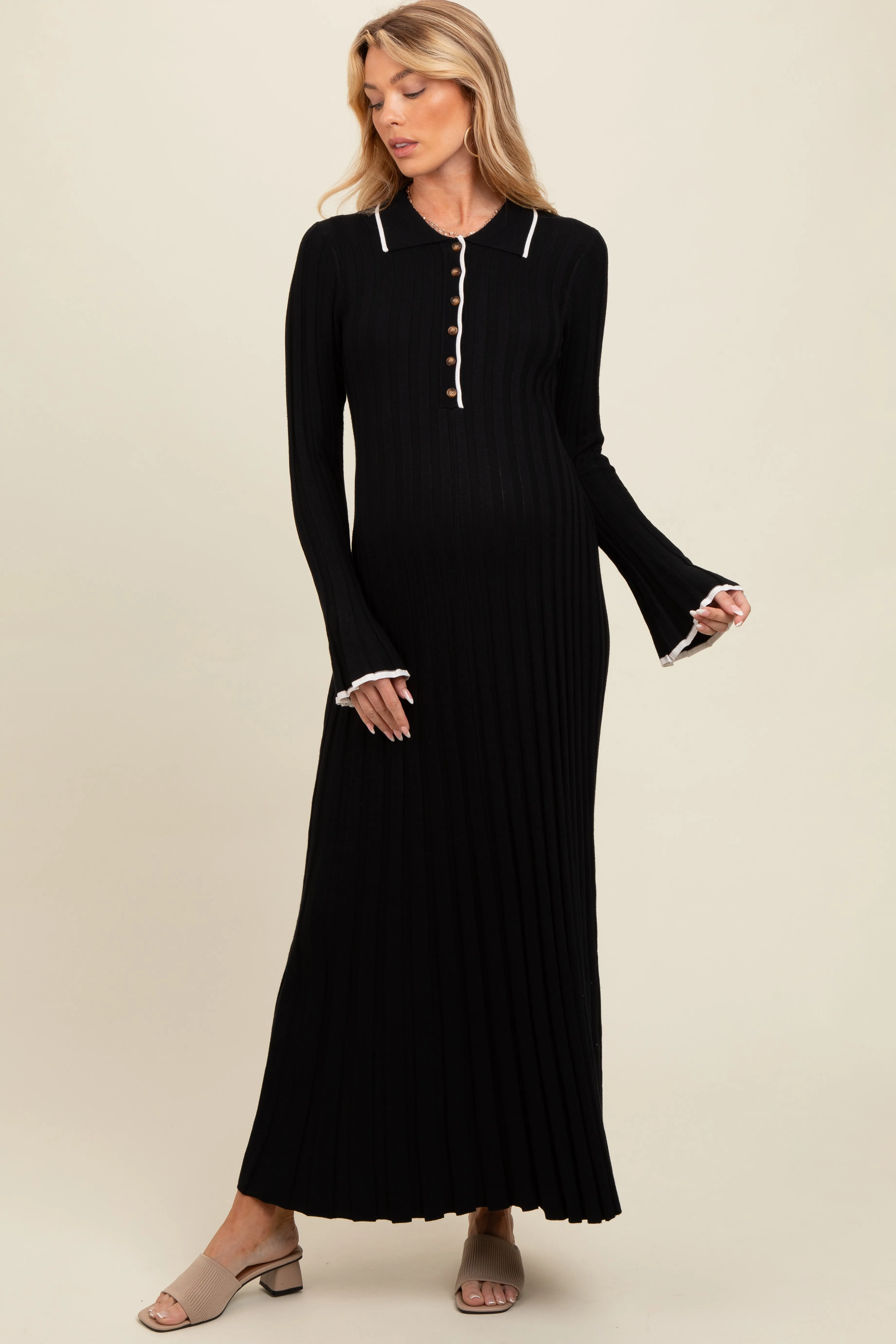 Black Ribbed Knit Collared Button Up Maternity Maxi Dress sold by Pinkblush
