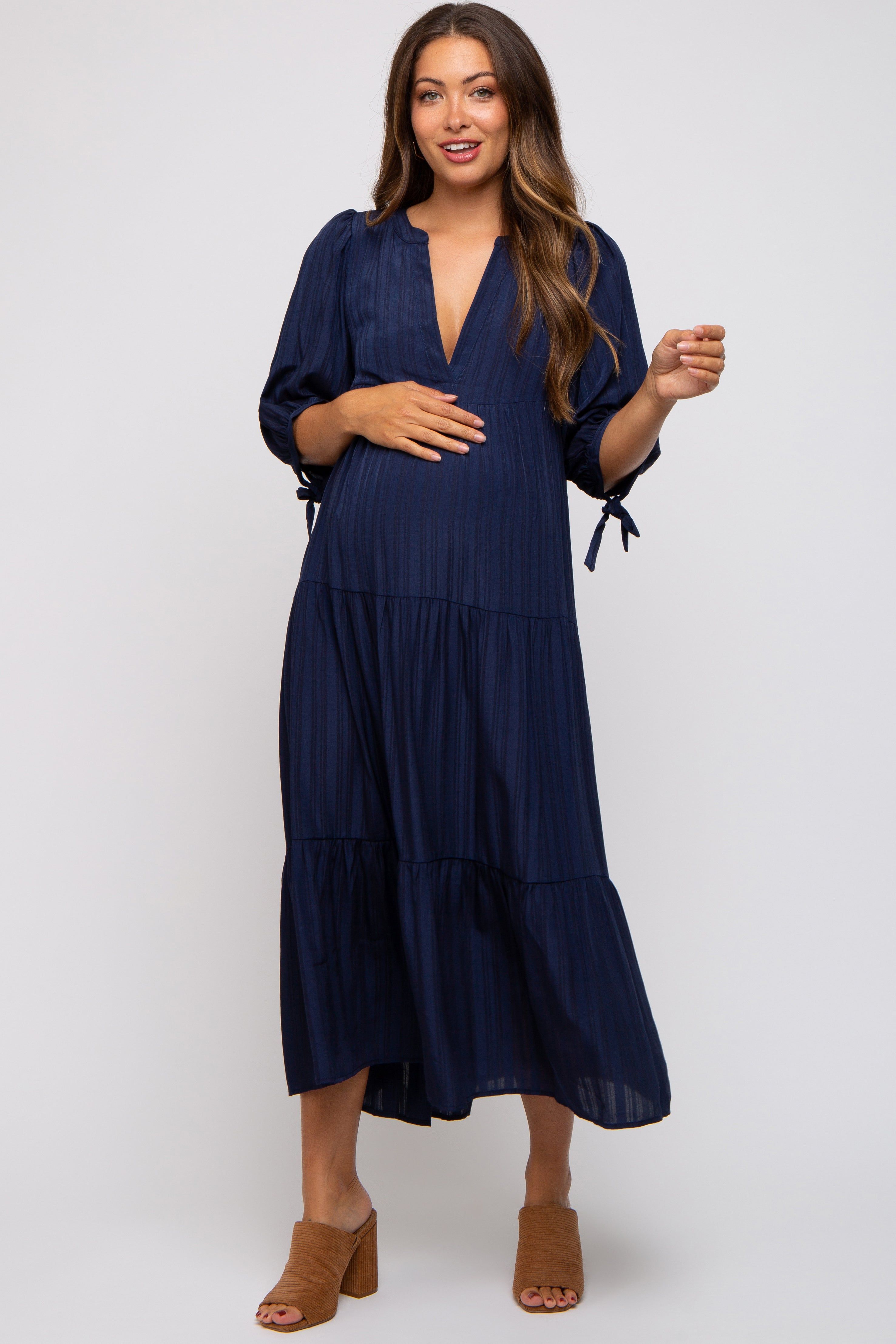 Navy Blue Striped Tiered Maternity Midi Dress sold by Pinkblush product image thumbnail 5