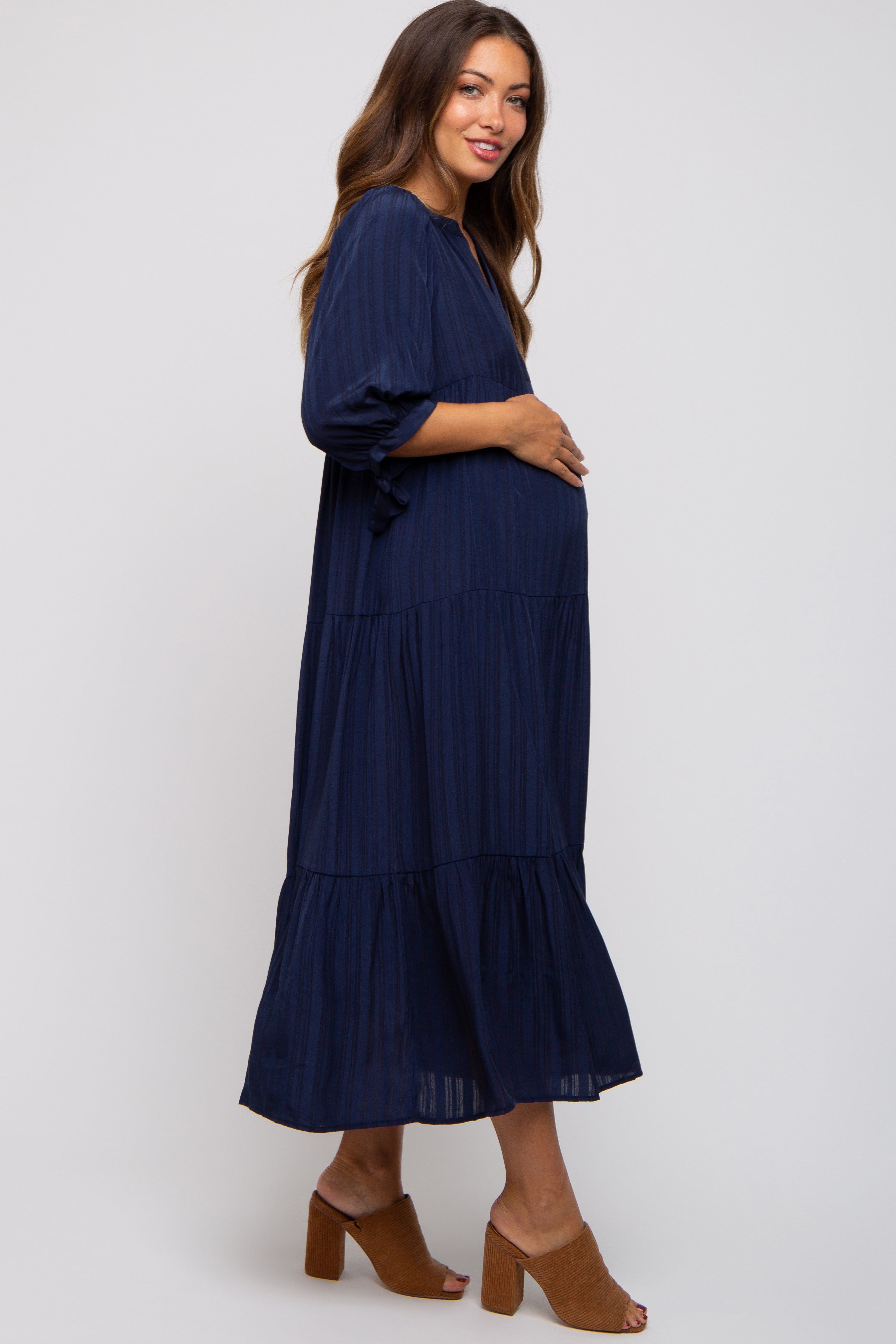 Navy Blue Striped Tiered Maternity Midi Dress sold by Pinkblush product image thumbnail 2