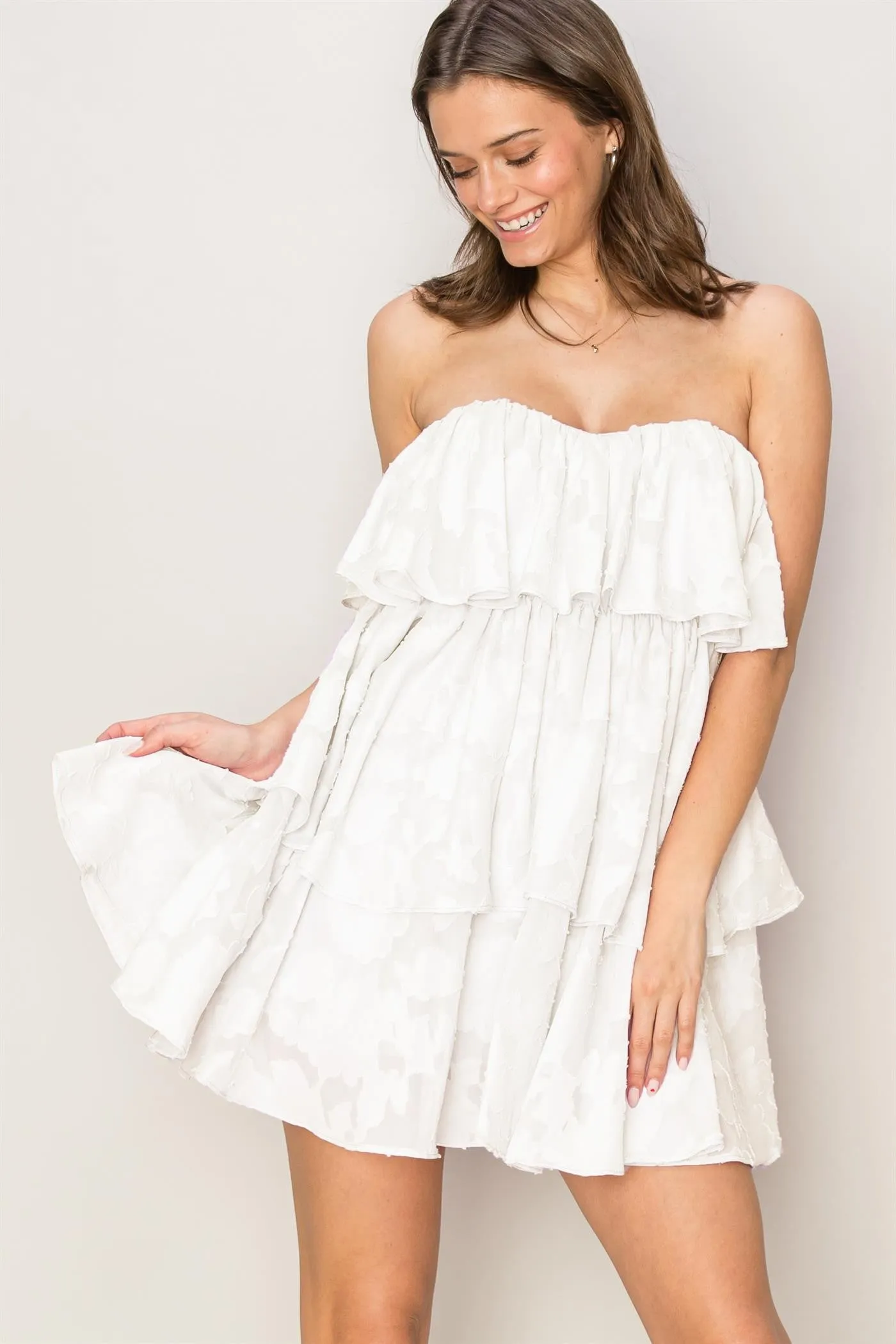 Cream Organza Jacquard Ruffle Mini Dress sold by Pinkblush