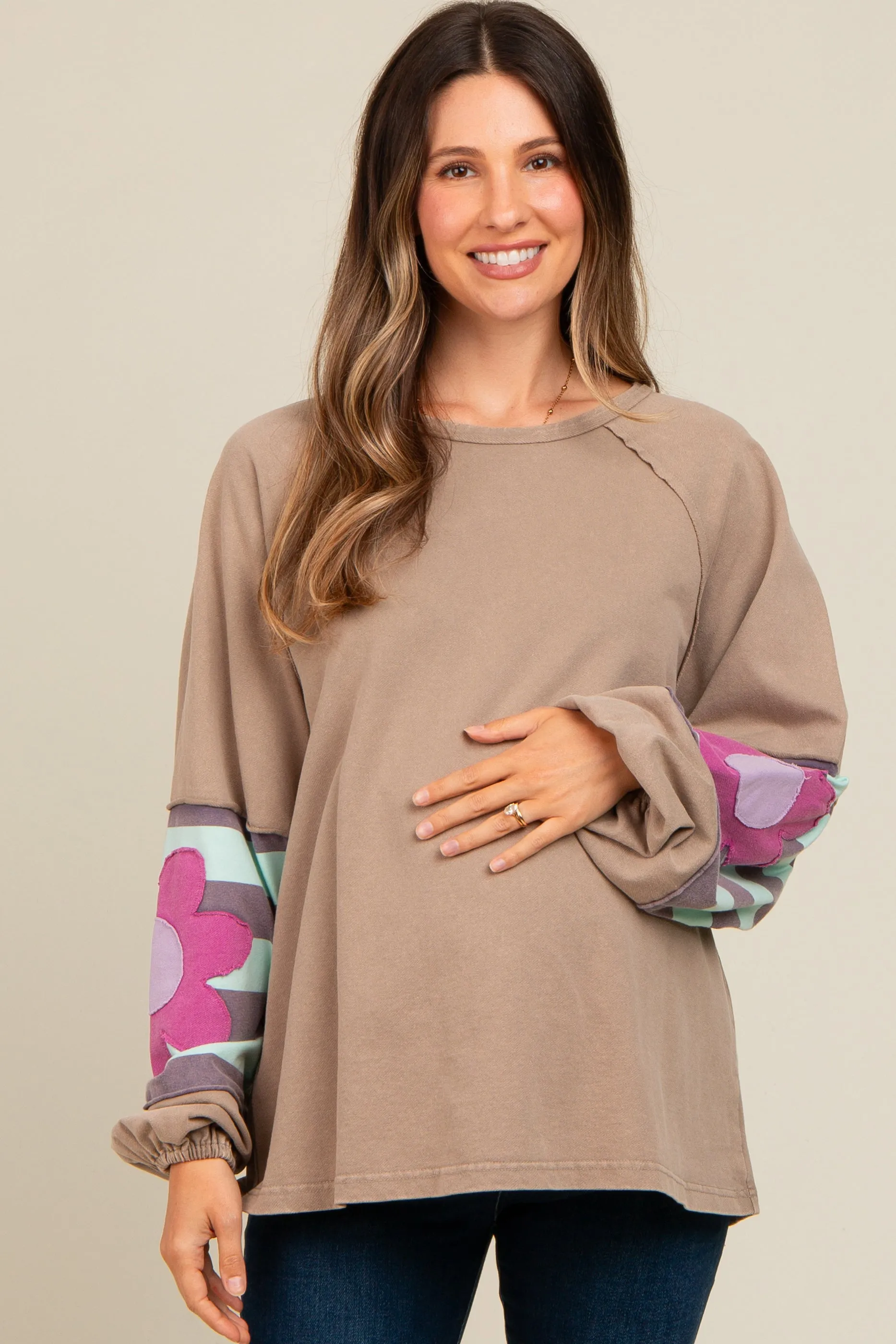 Light Taupe Raw Edge Flower Patch Maternity Top sold by Pinkblush