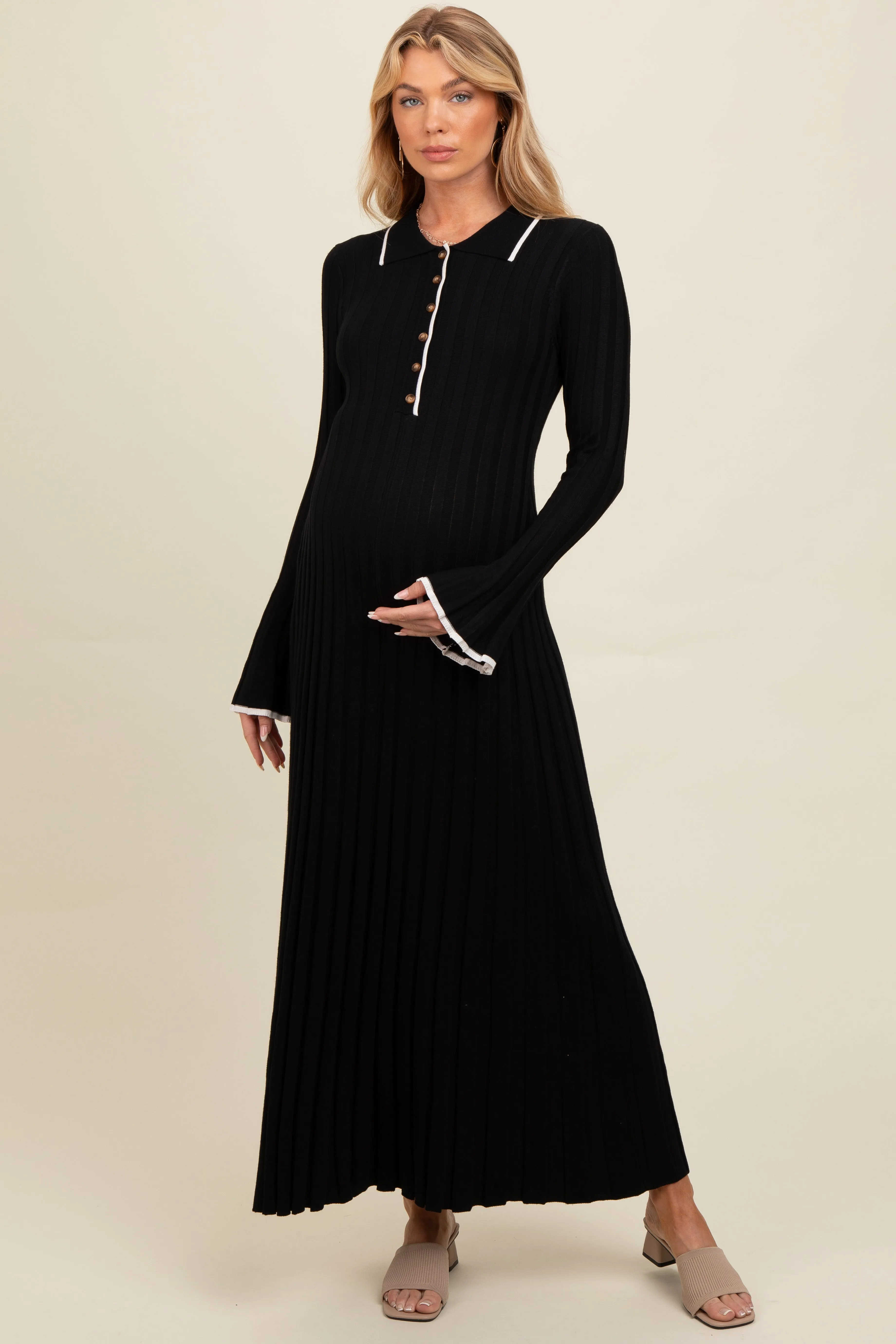 Black Ribbed Knit Collared Button Up Maternity Maxi Dress sold by Pinkblush product image thumbnail 2