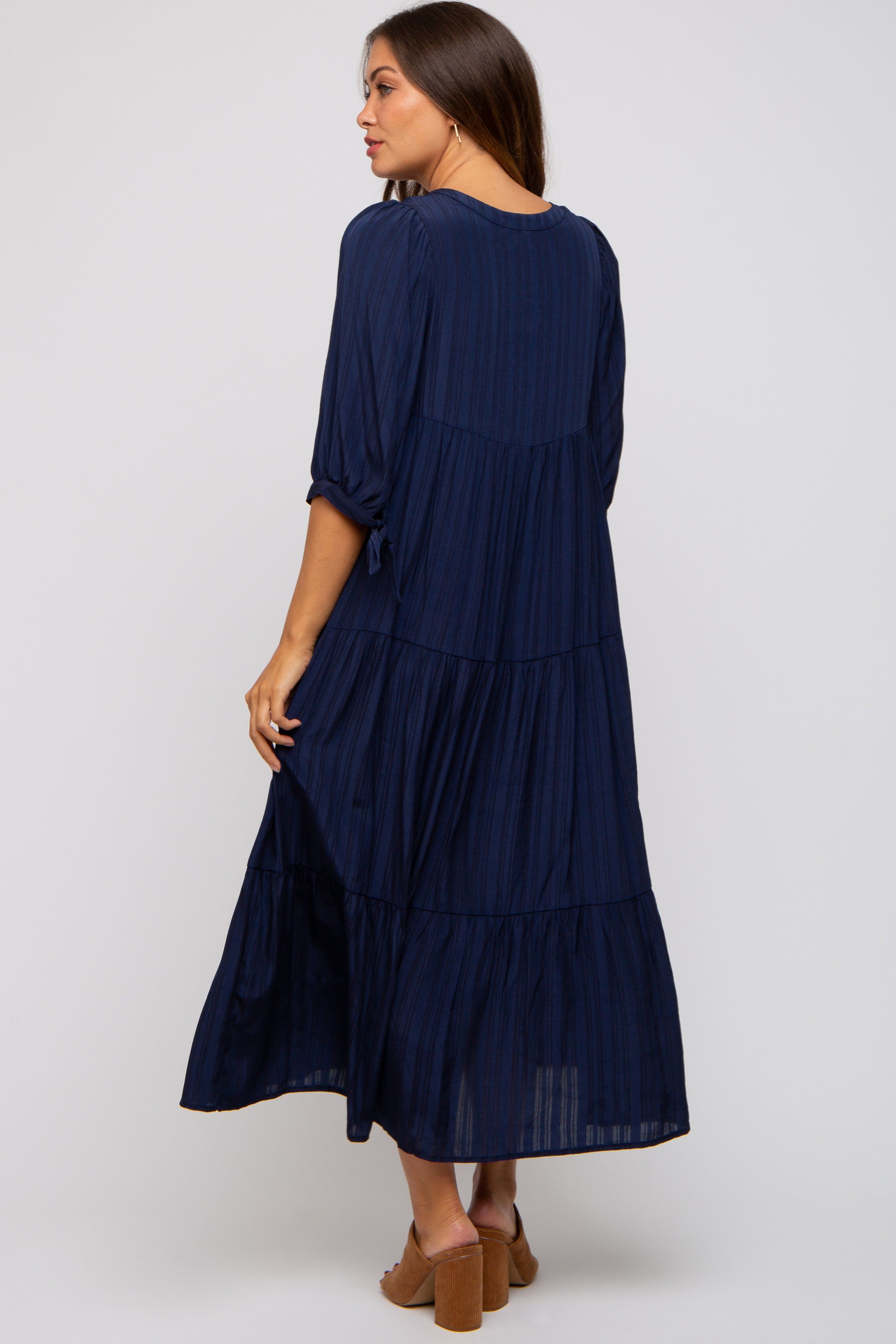 Navy Blue Striped Tiered Maternity Midi Dress sold by Pinkblush product image thumbnail 3