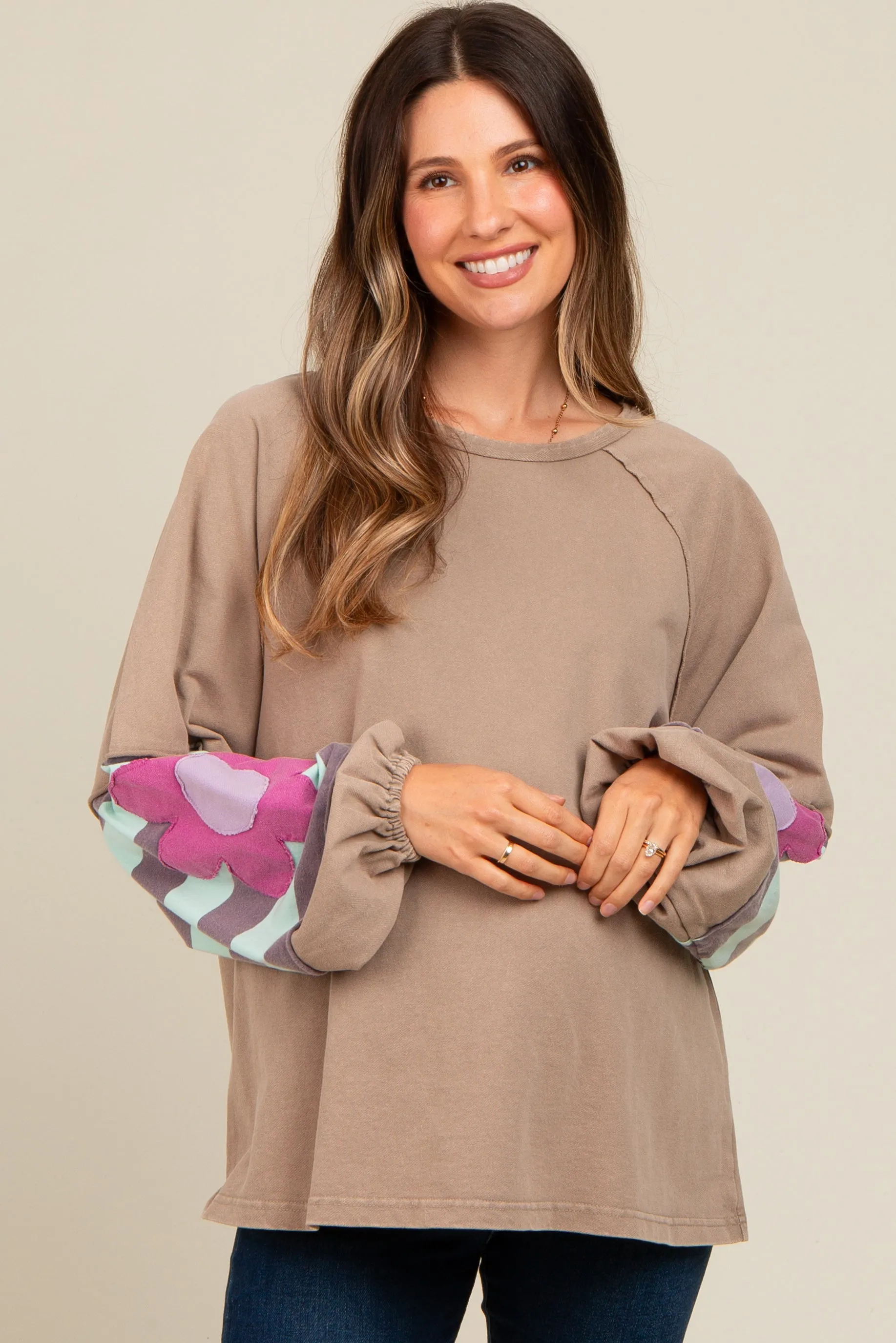 Light Taupe Raw Edge Flower Patch Maternity Top sold by Pinkblush product image thumbnail 2