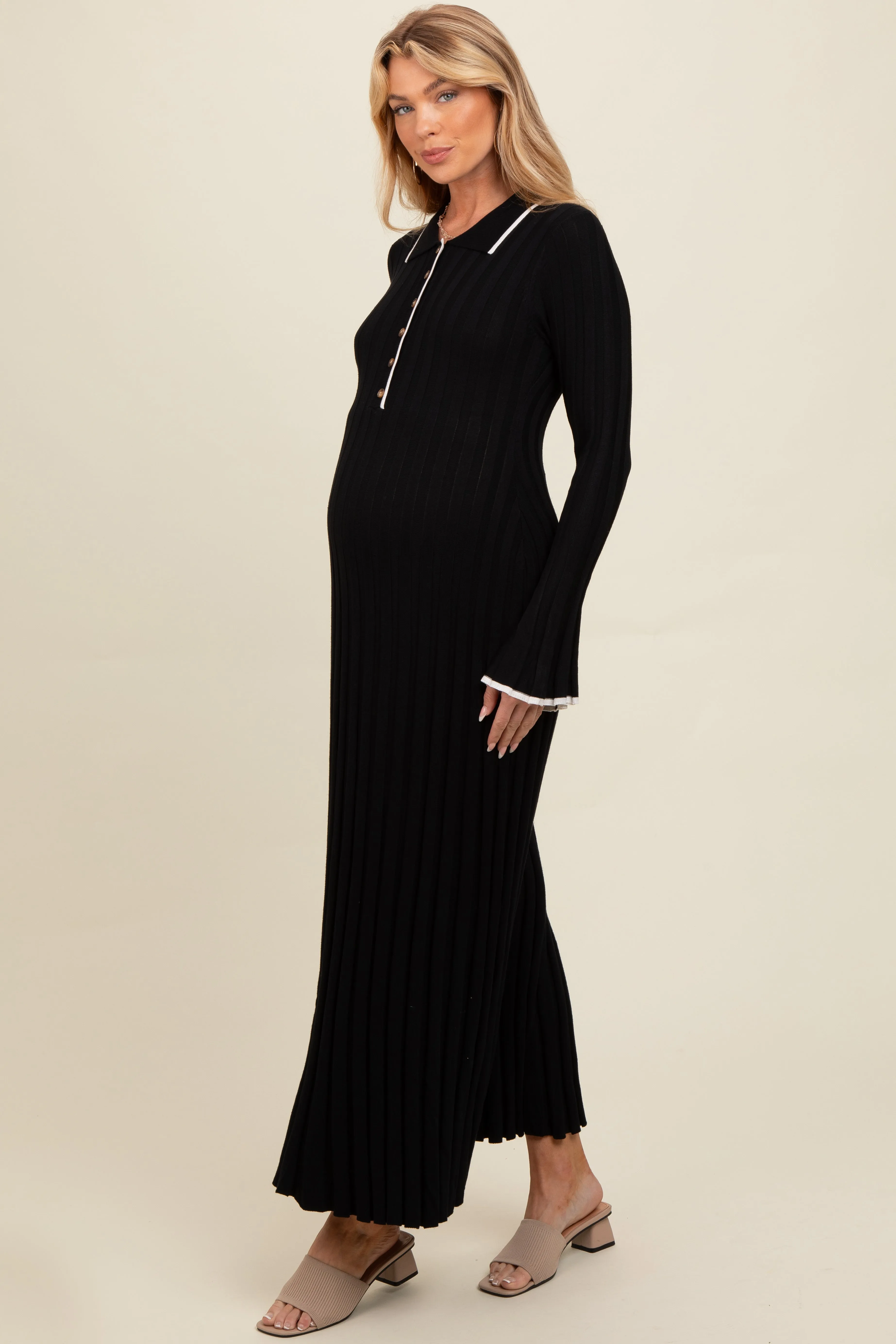 Black Ribbed Knit Collared Button Up Maternity Maxi Dress sold by Pinkblush product image thumbnail 3