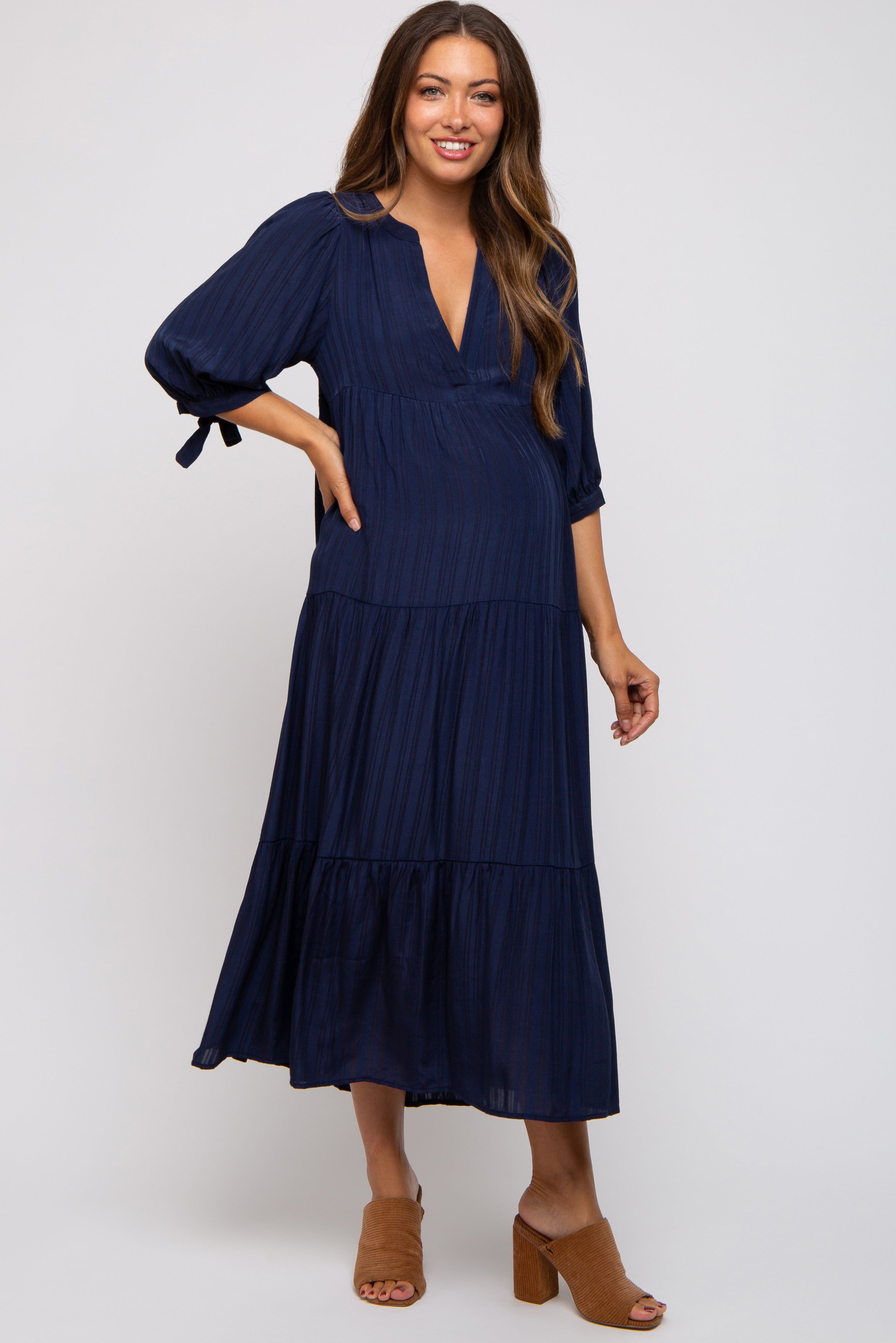 Navy Blue Striped Tiered Maternity Midi Dress sold by Pinkblush product image thumbnail 4