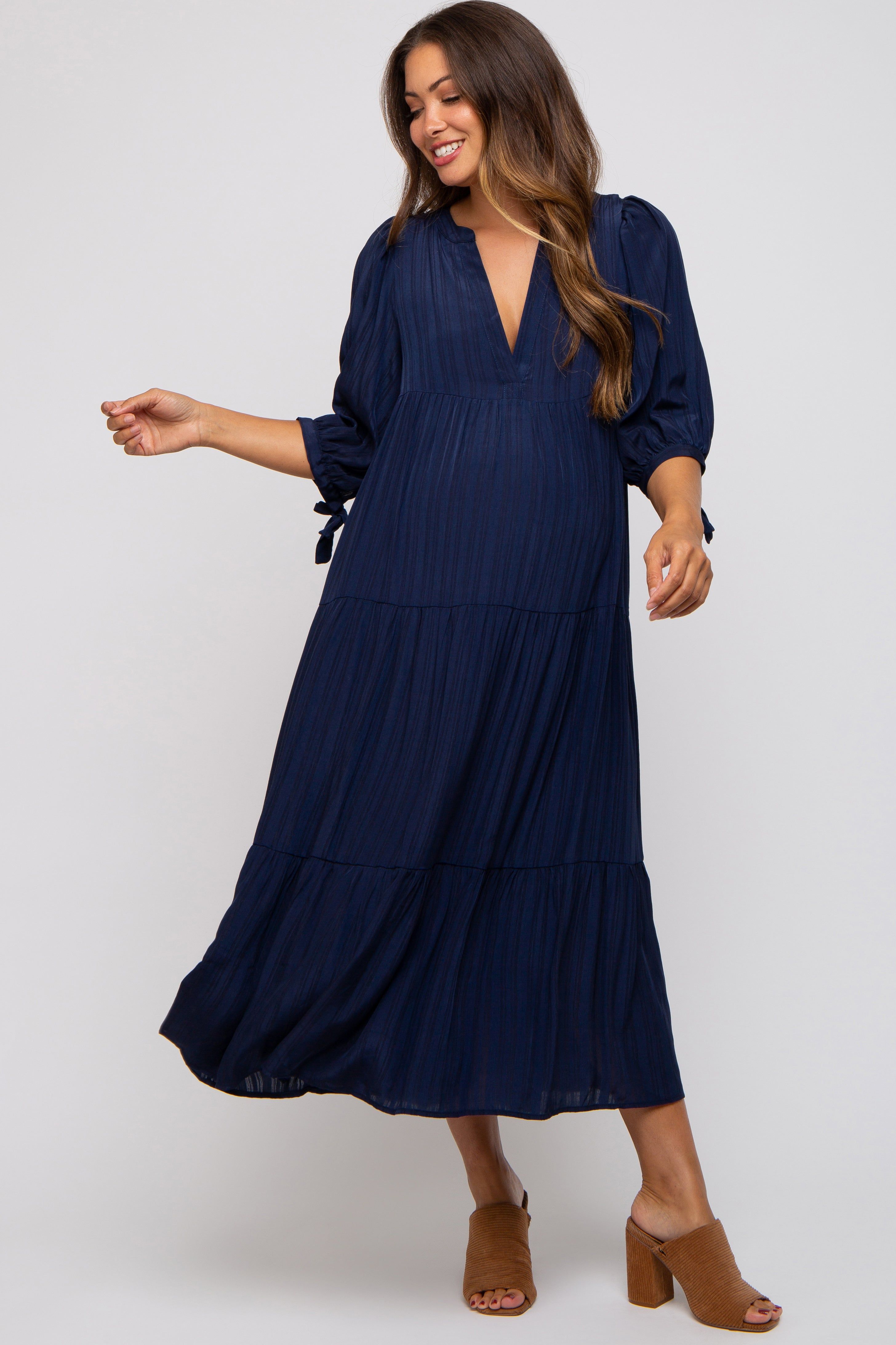 Navy Blue Striped Tiered Maternity Midi Dress sold by Pinkblush