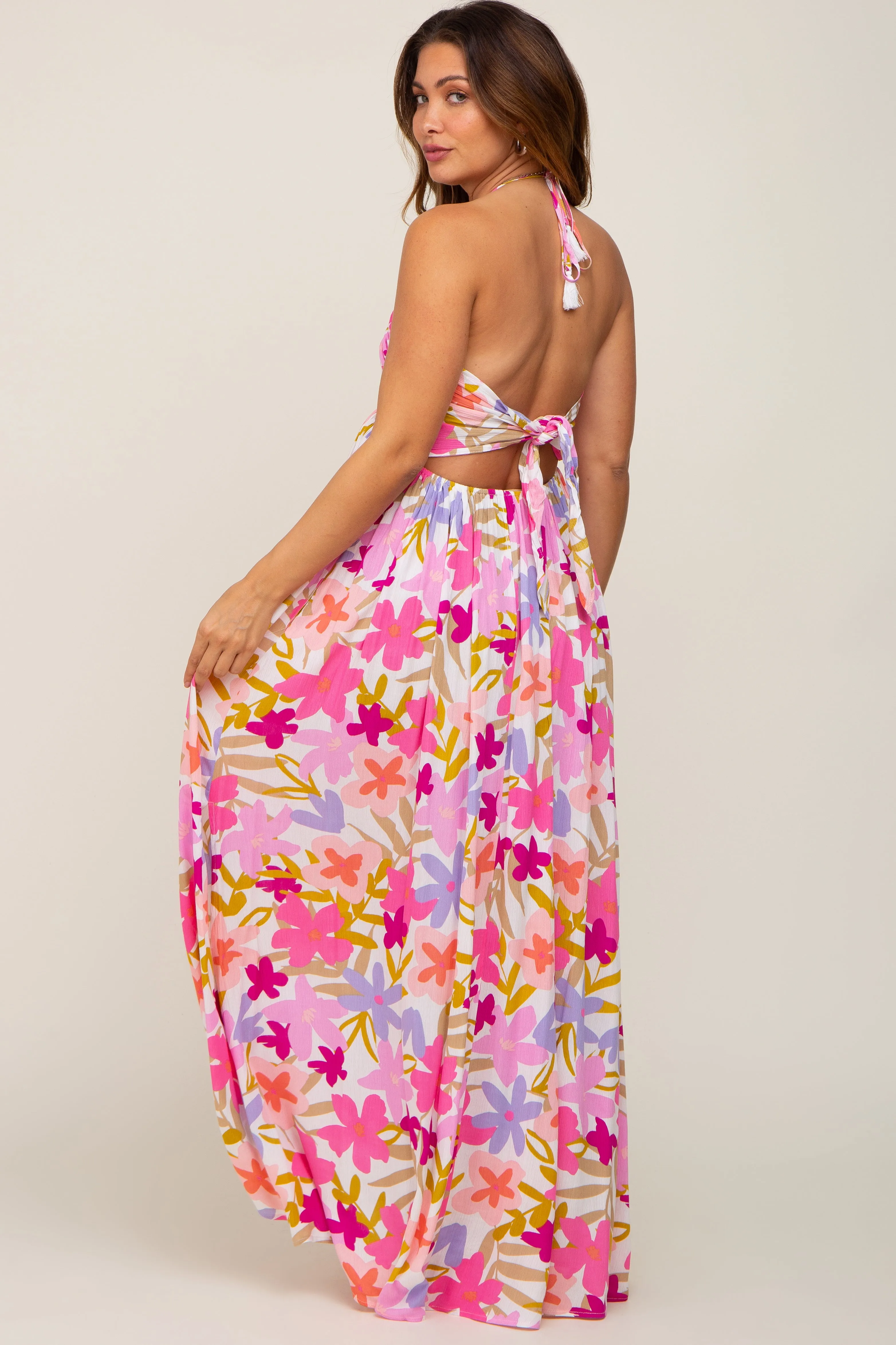 Fuchsia Floral Deep V Halter Maternity Maxi Dress sold by Pinkblush product image thumbnail 4