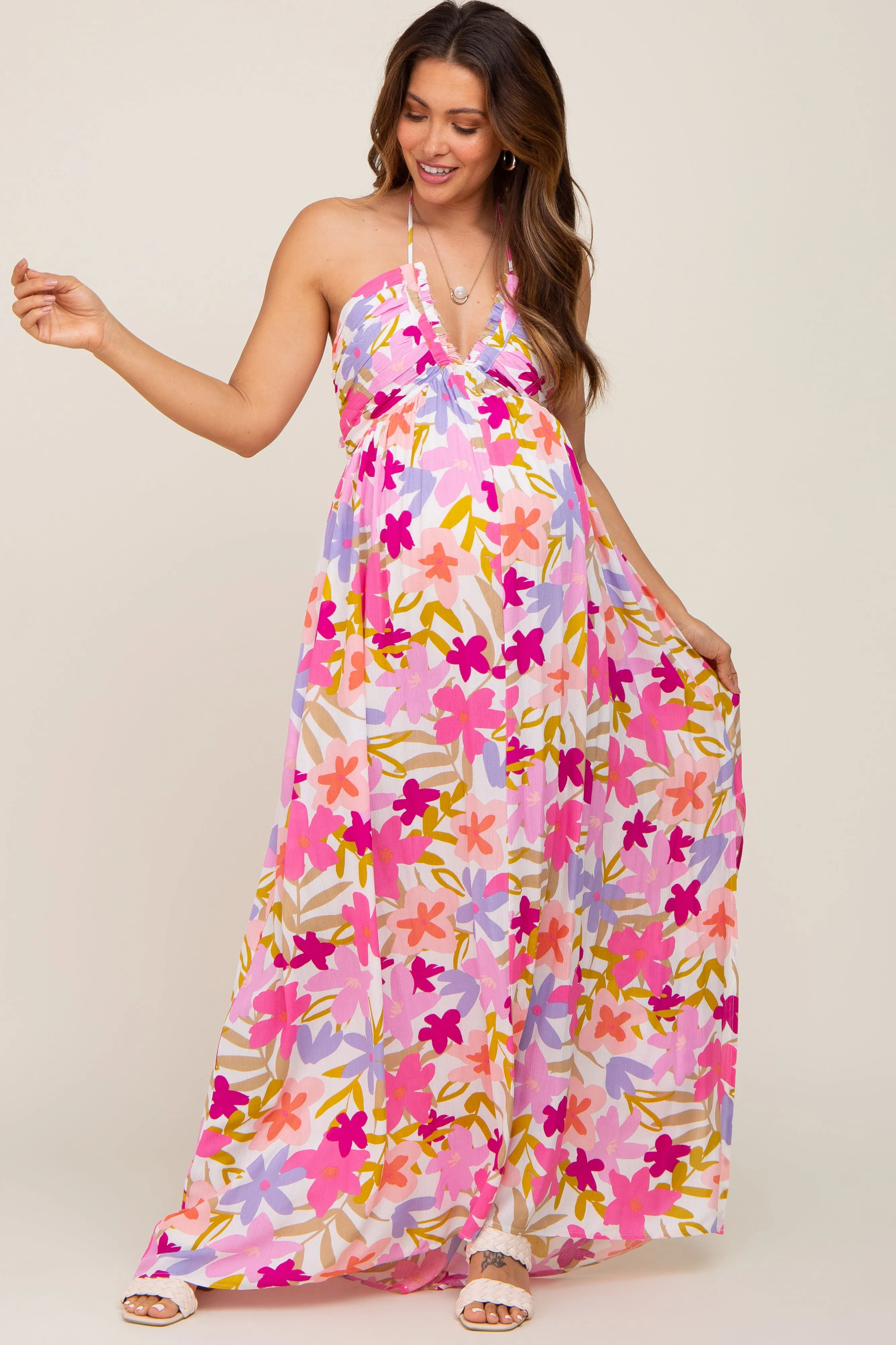 Fuchsia Floral Deep V Halter Maternity Maxi Dress sold by Pinkblush