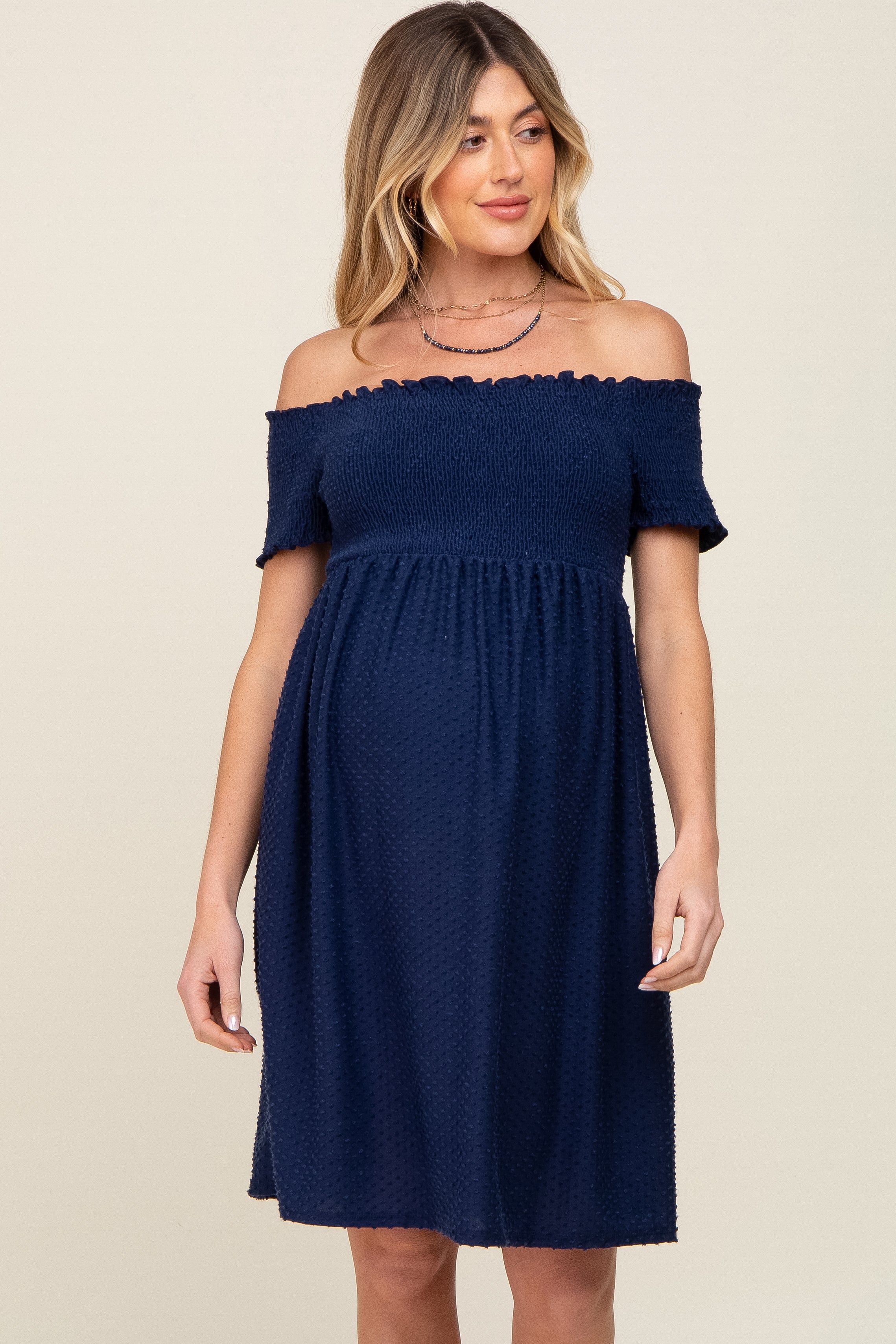 Navy Swiss Dot Off Shoulder Maternity Dress sold by Pinkblush product image thumbnail 3