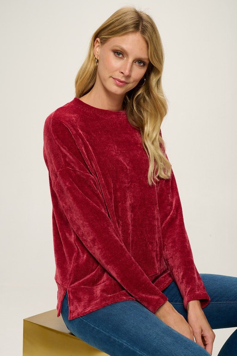 Burgundy Long Sleeves Split Hems Soft Chenille Rib Knit Top sold by Pinkblush