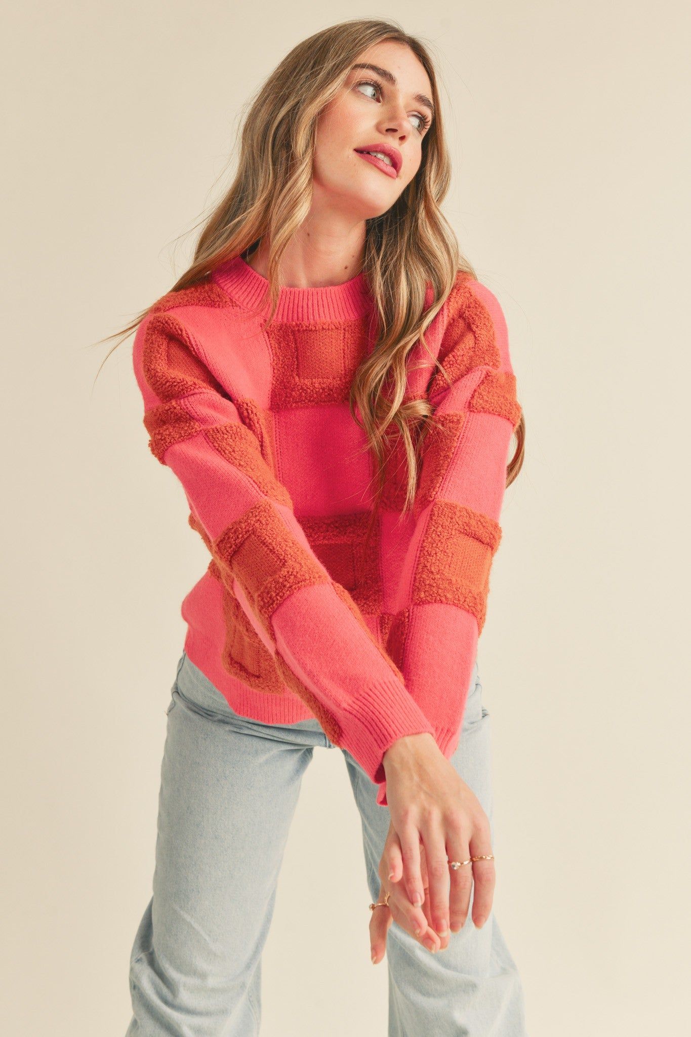Coral Pink Textured Checkered Sweater Pullover sold by Pinkblush product image thumbnail 2