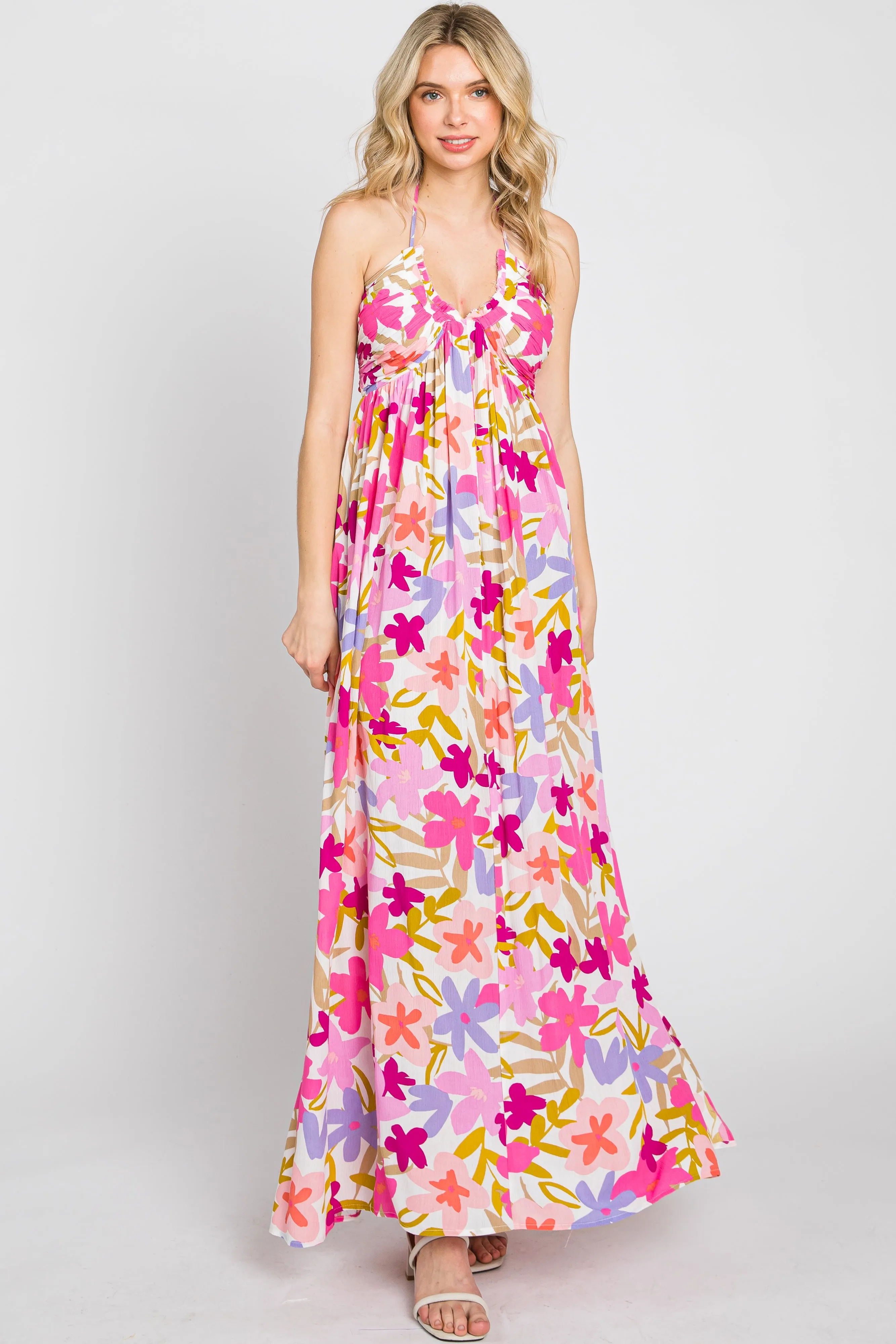Fuchsia Floral Deep V Halter Maternity Maxi Dress sold by Pinkblush product image thumbnail 5