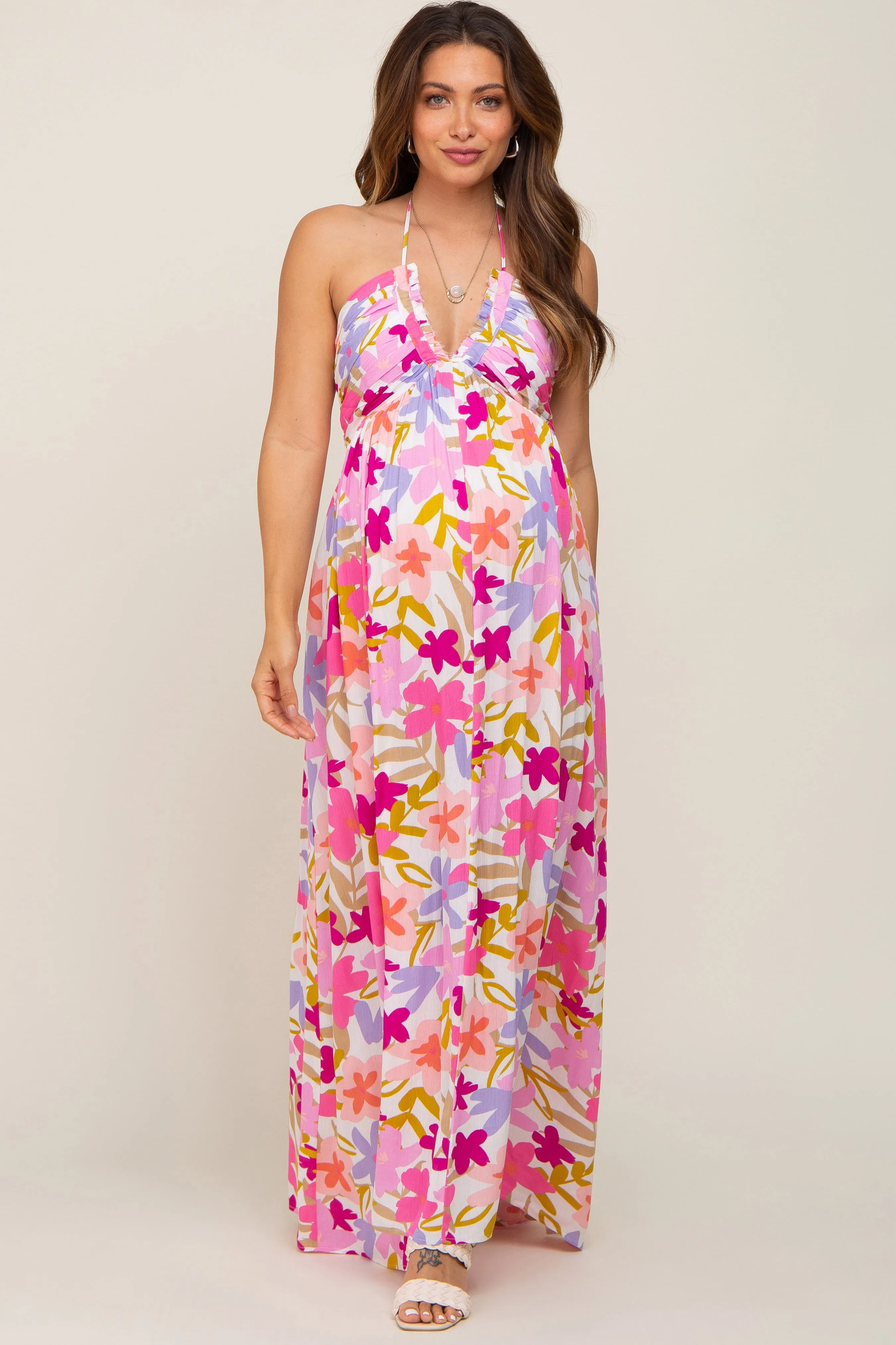 Fuchsia Floral Deep V Halter Maternity Maxi Dress sold by Pinkblush product image thumbnail 2