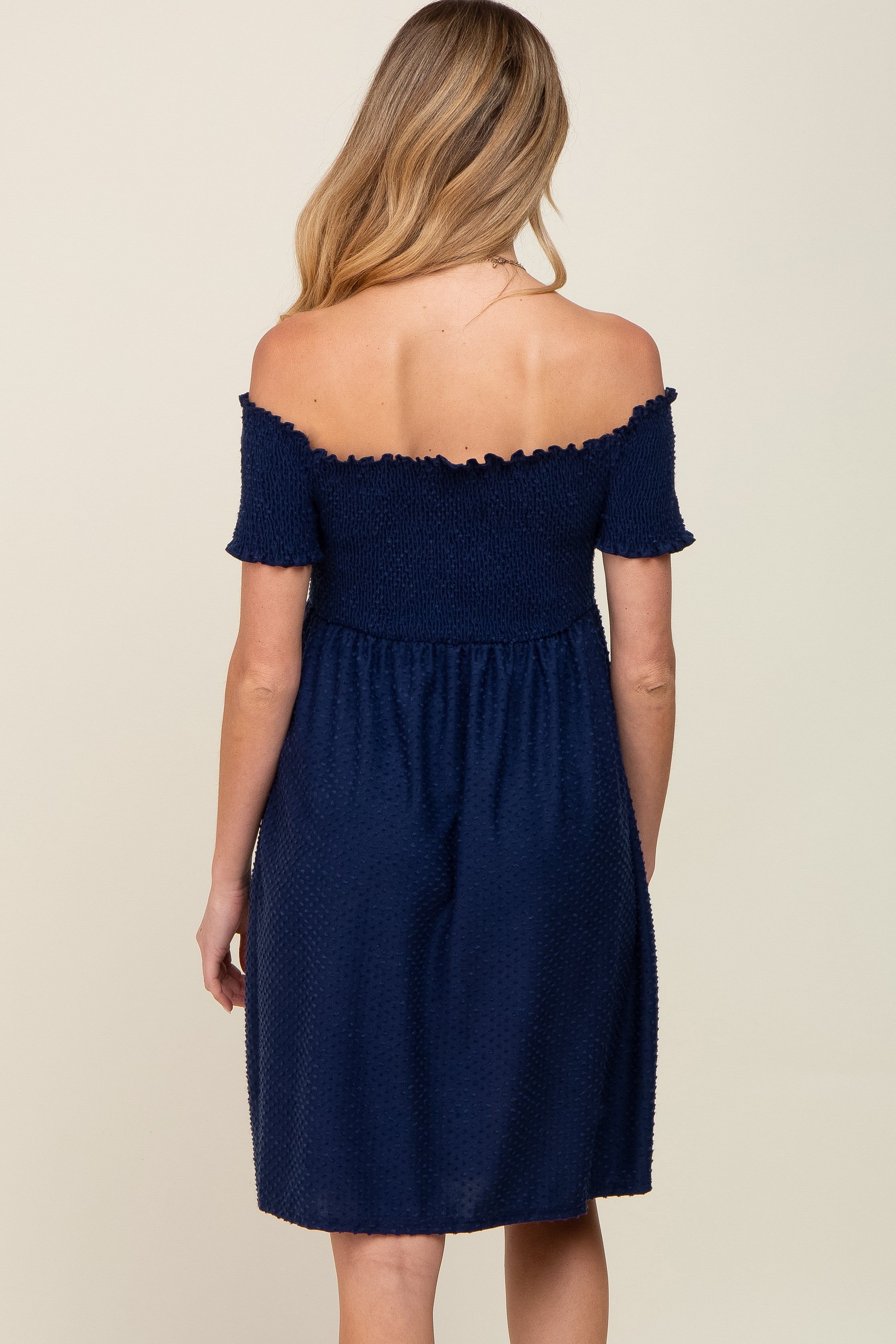 Navy Swiss Dot Off Shoulder Maternity Dress sold by Pinkblush product image thumbnail 4
