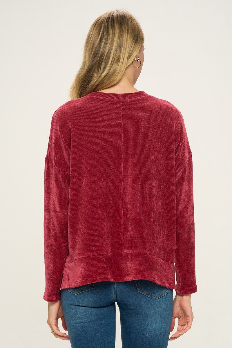 Burgundy Long Sleeves Split Hems Soft Chenille Rib Knit Top sold by Pinkblush product image thumbnail 4