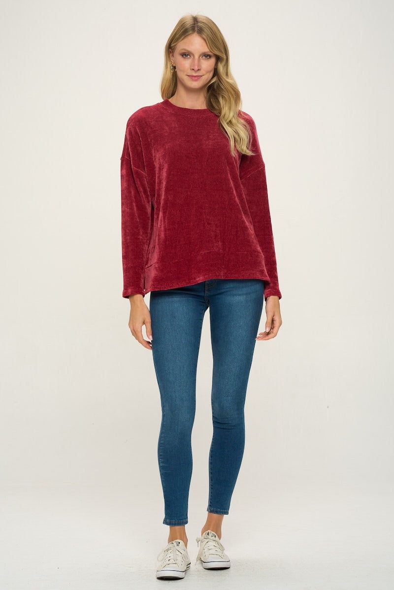 Burgundy Long Sleeves Split Hems Soft Chenille Rib Knit Top sold by Pinkblush product image thumbnail 2