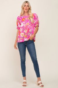 Fuchsia Floral Puff Sleeve Blouse sold by Pinkblush