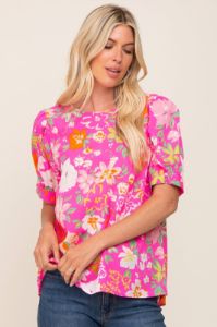 Fuchsia Floral Puff Sleeve Blouse sold by Pinkblush