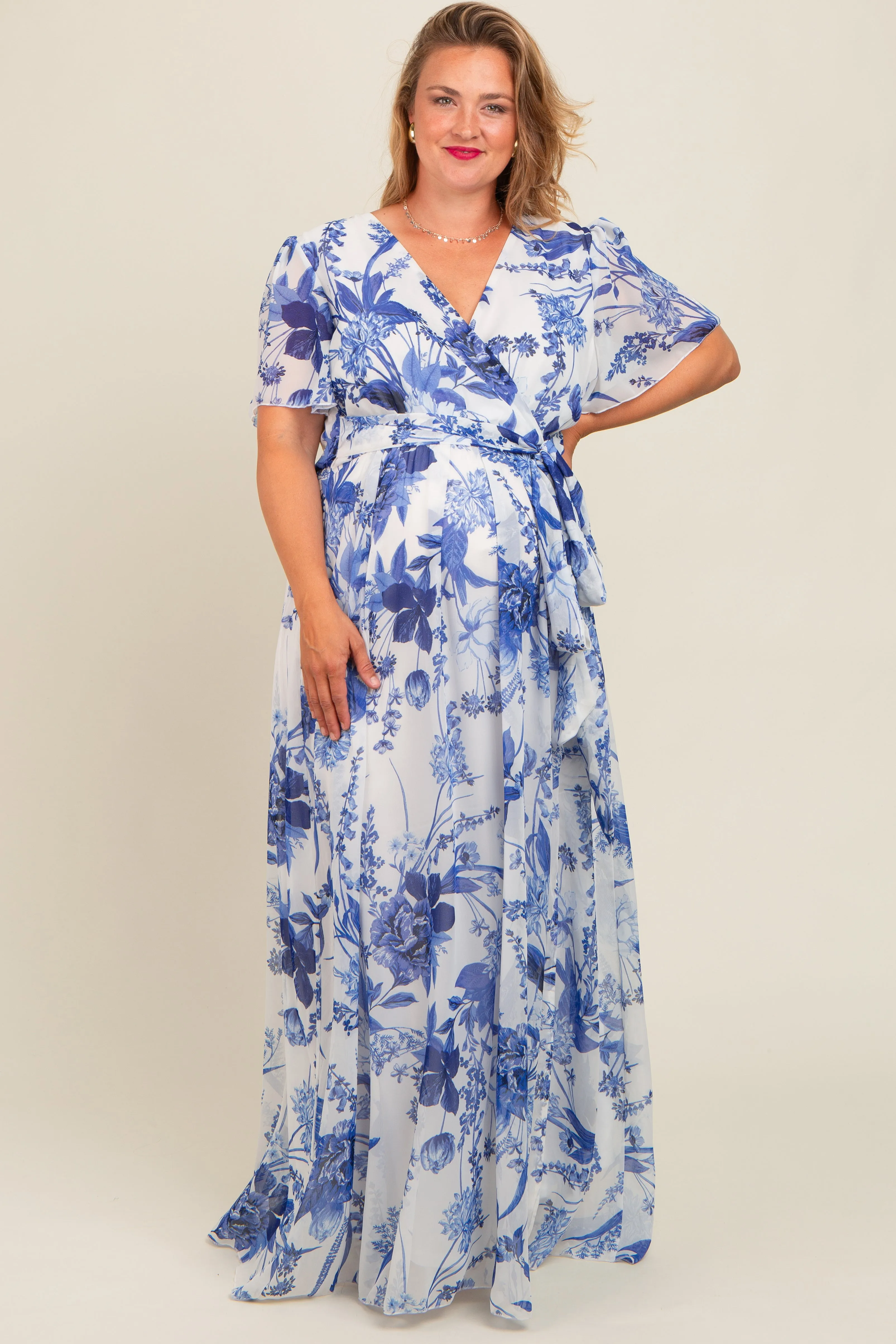 Blue V-Neckline Side Slit Maternity Dress sold by Pinkblush