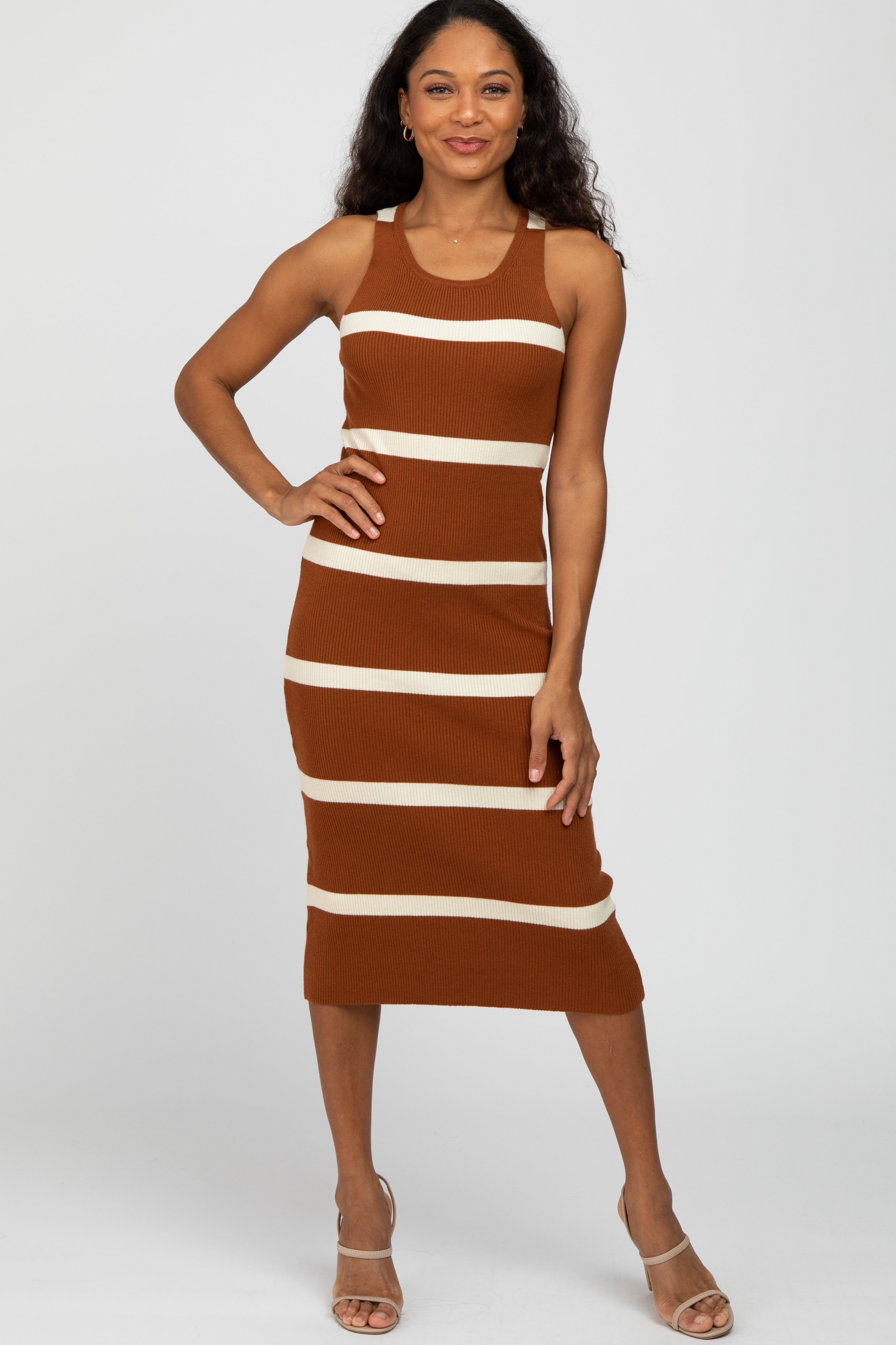 Rust Striped Sleeveless Sweater Midi Dress sold by Pinkblush
