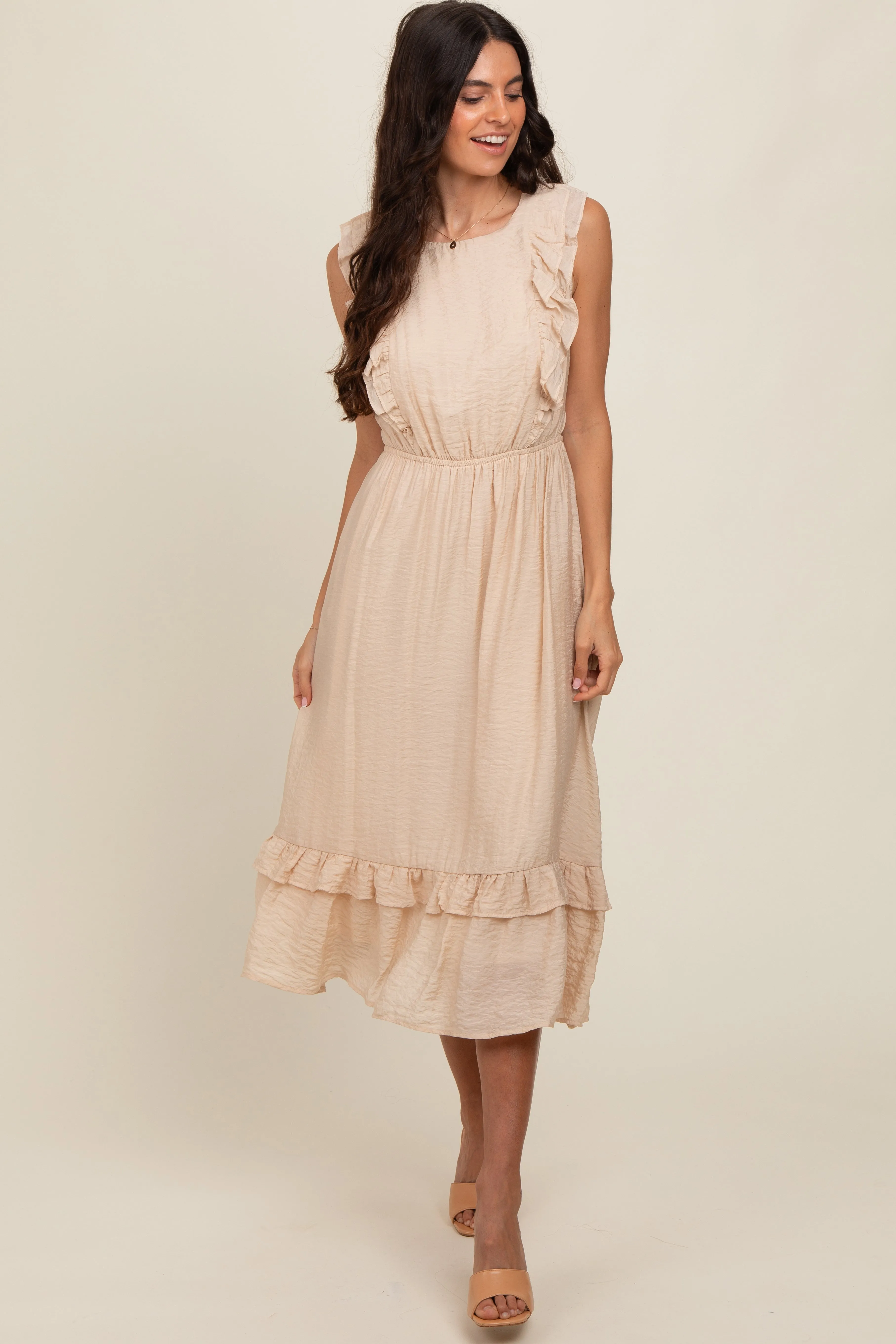 Beige Texture Ruffle Accent Midi Dress sold by Pinkblush