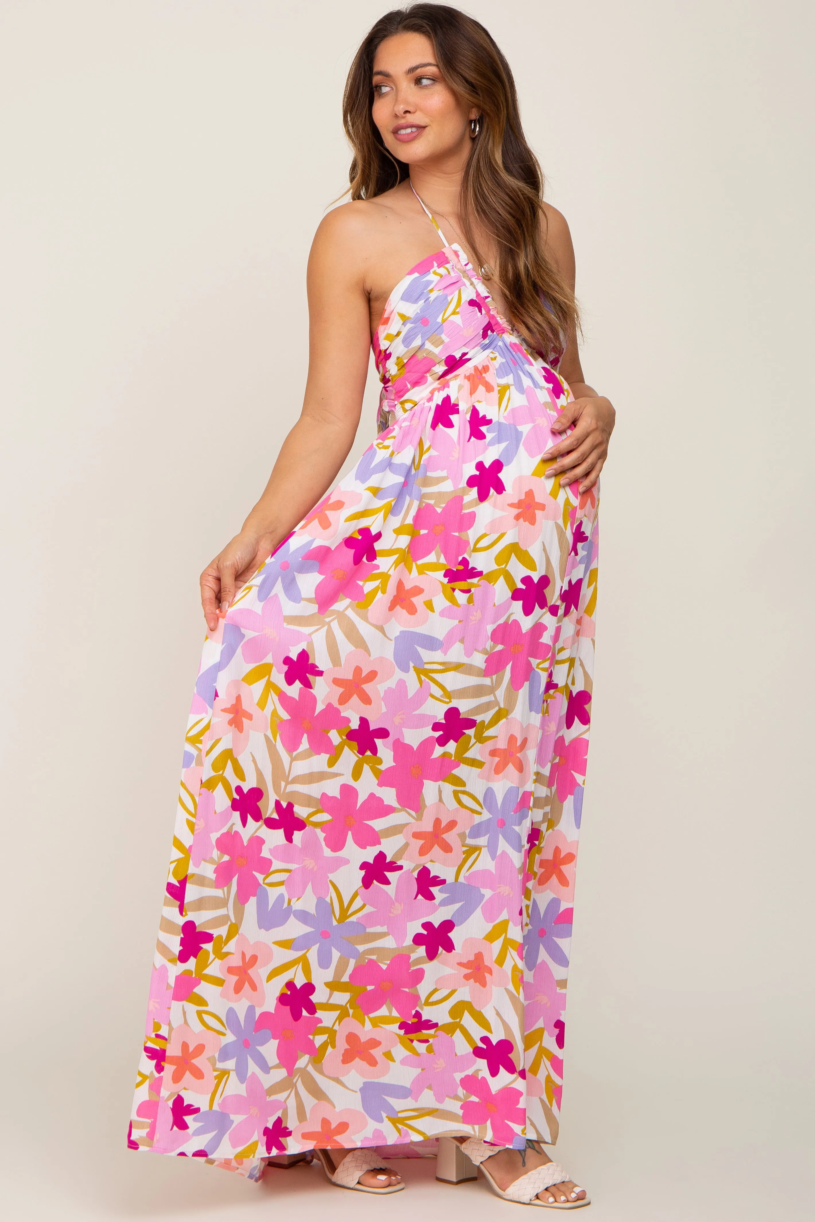 Fuchsia Floral Deep V Halter Maternity Maxi Dress sold by Pinkblush product image thumbnail 3