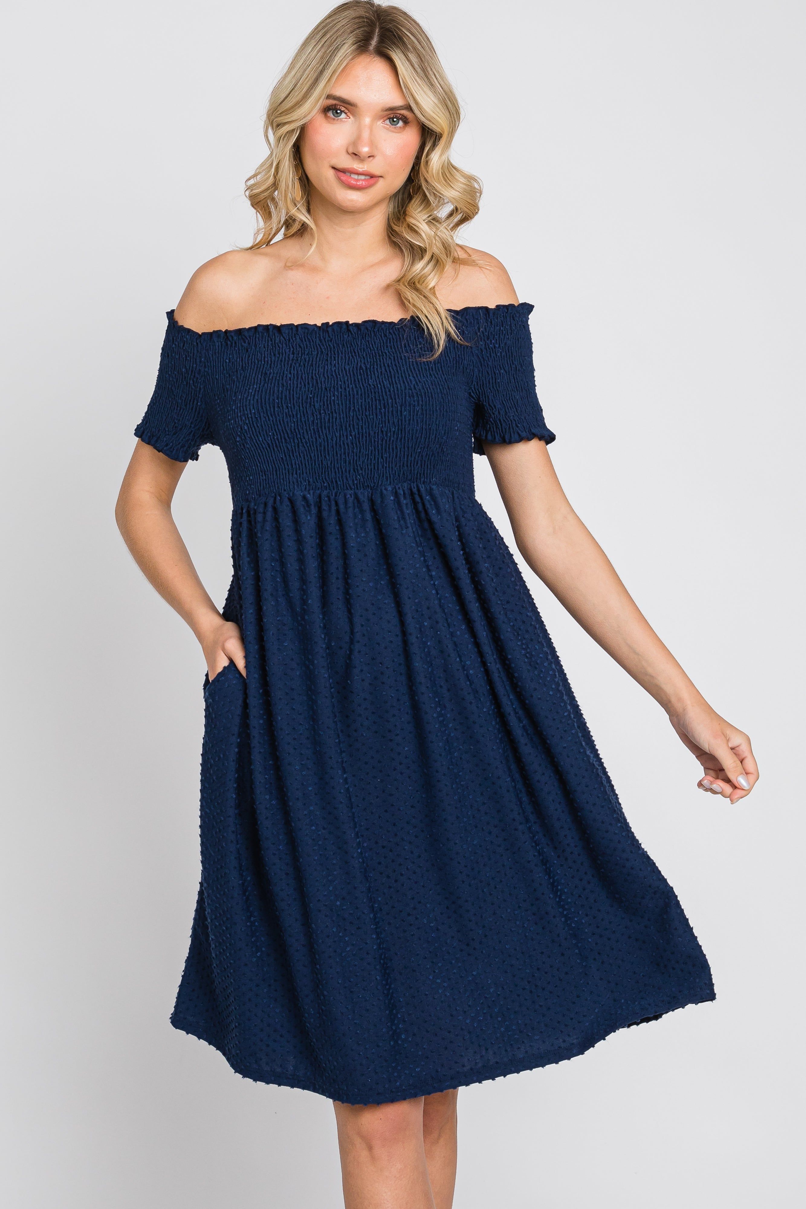 Navy Swiss Dot Off Shoulder Maternity Dress sold by Pinkblush product image thumbnail 5