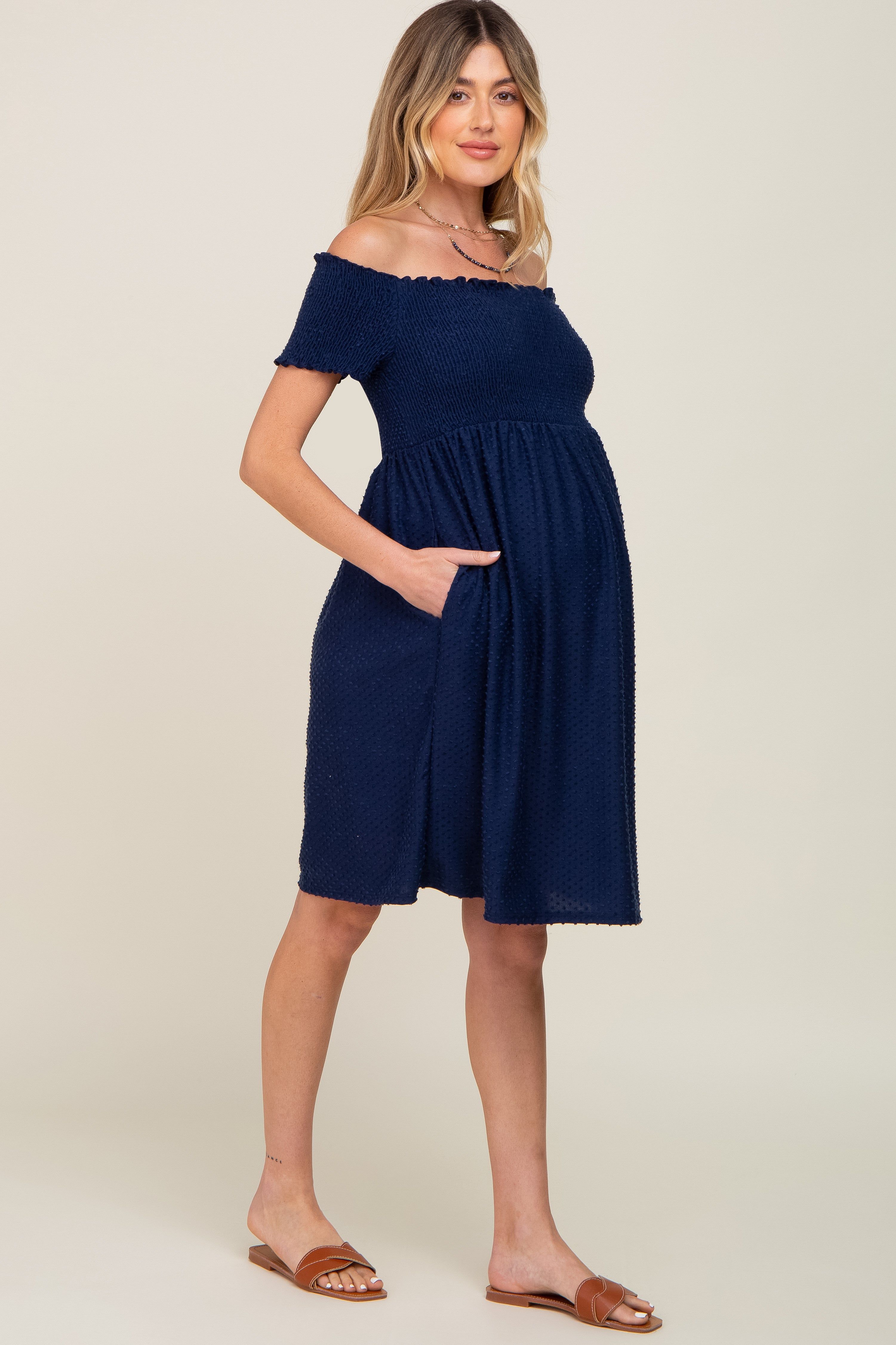 Navy Swiss Dot Off Shoulder Maternity Dress sold by Pinkblush product image thumbnail 2