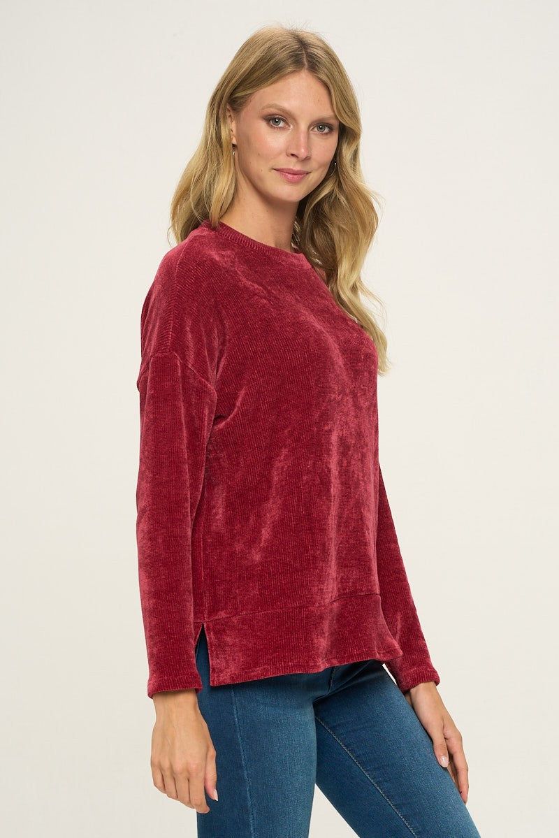 Burgundy Long Sleeves Split Hems Soft Chenille Rib Knit Top sold by Pinkblush product image thumbnail 3