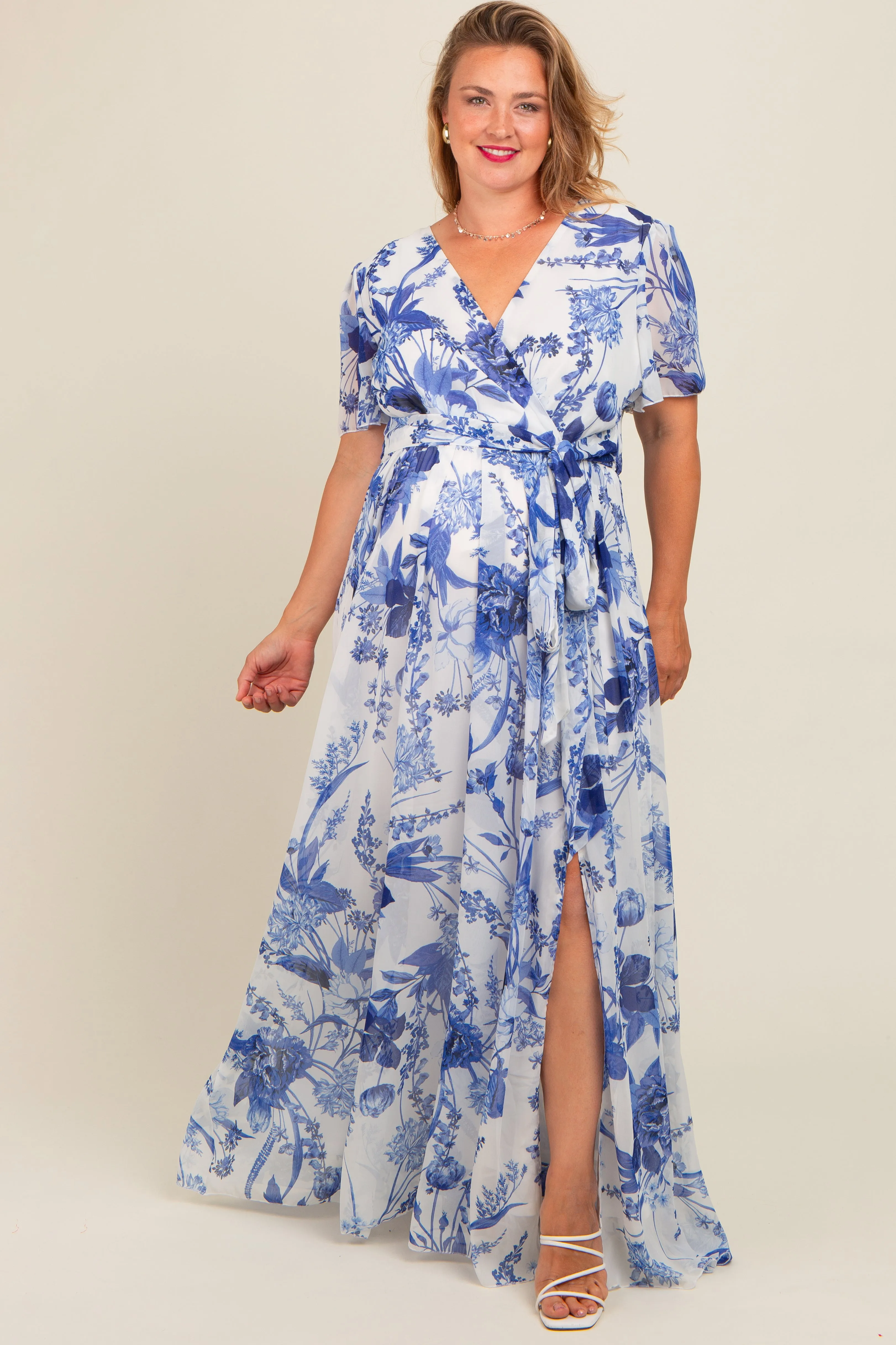 Blue V-Neckline Side Slit Maternity Dress sold by Pinkblush product image thumbnail 2
