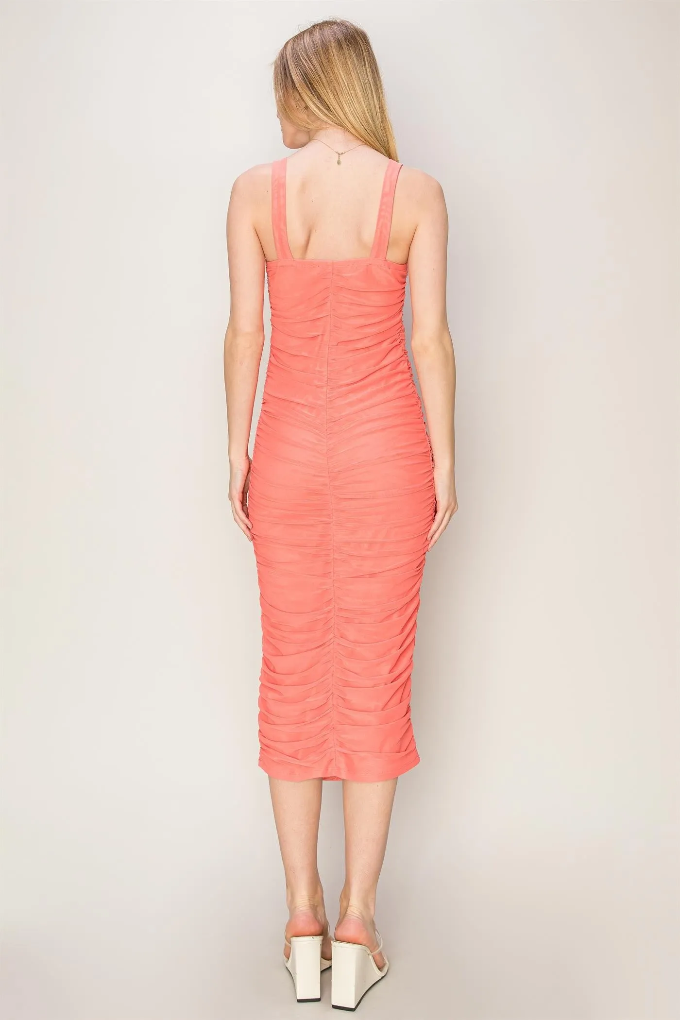 Salmon Mesh Ruched Bodycon Midi Dress sold by Pinkblush product image thumbnail 4