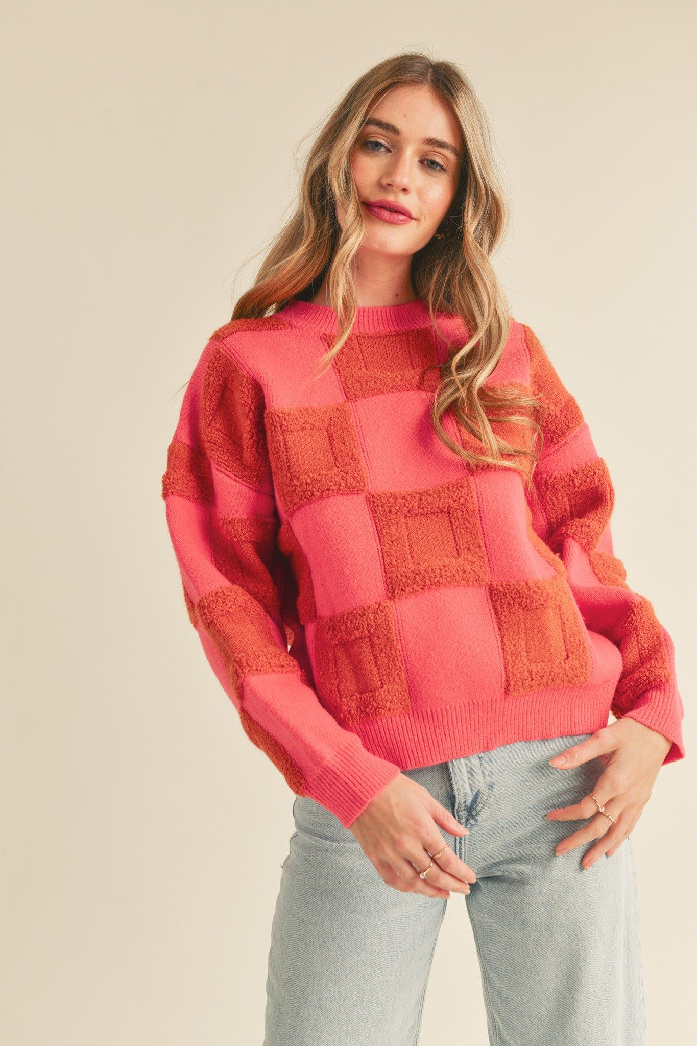 Coral Pink Textured Checkered Sweater Pullover sold by Pinkblush